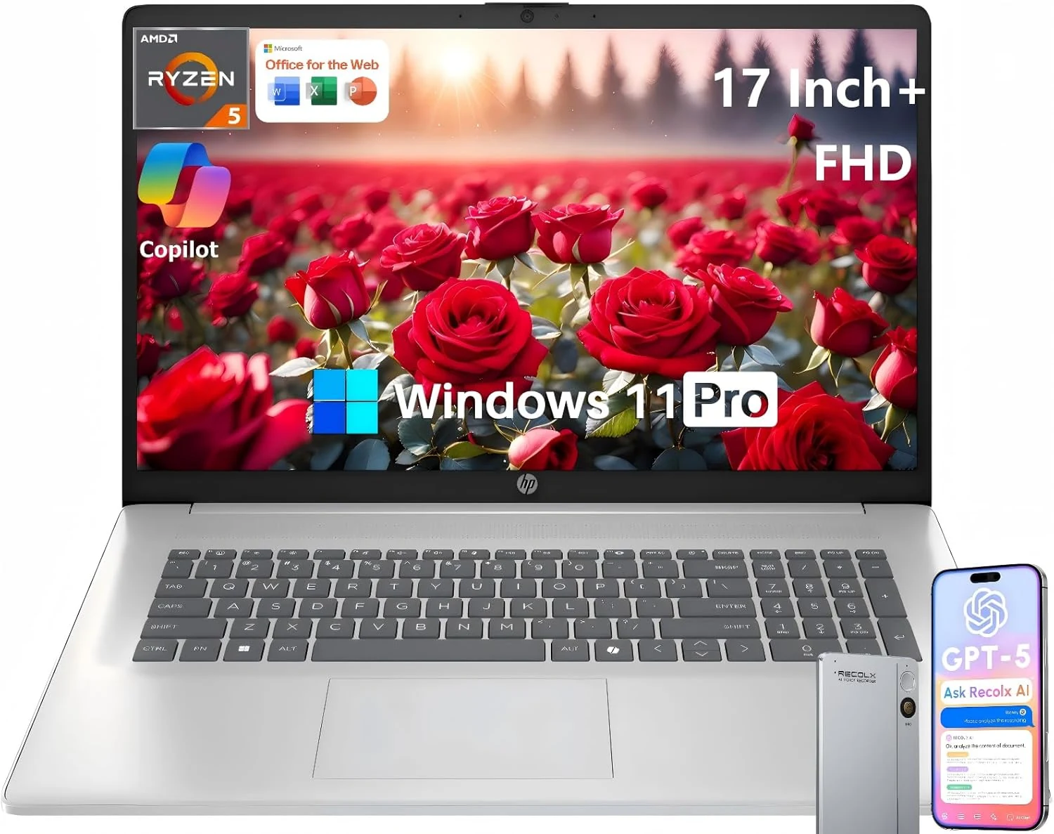 HP 17 Inch Laptop, 17.3" FHD IPS Display, AMD Ryzen 5 7430U, 20 GB RAM, 512 GB SSD
