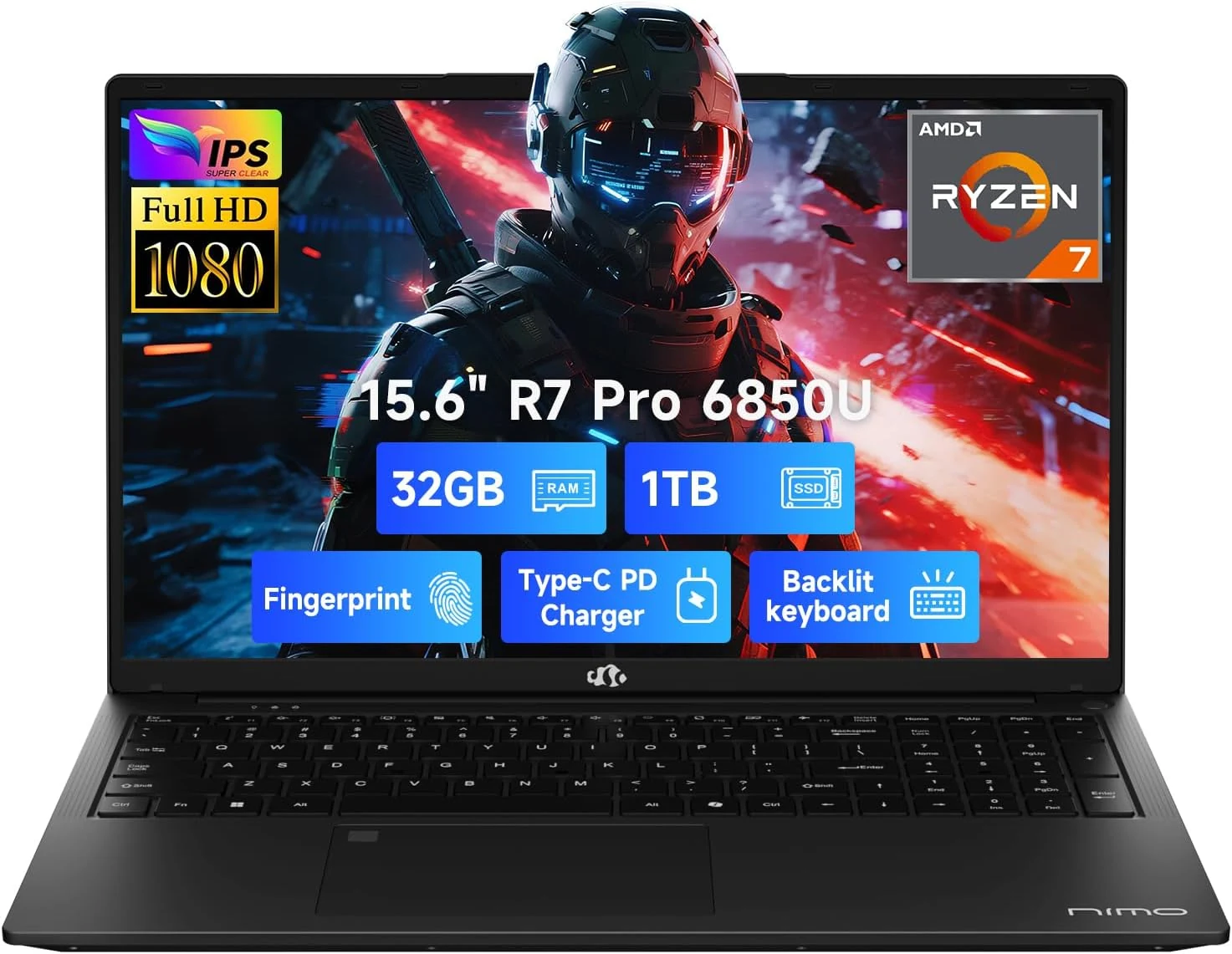 NIMO 15.6" Light-Gaming-Laptop, 8 Cores AMD Ryzen 7 Pro 6850U 32GB RAM 1TB SSD (Radeon 680M)