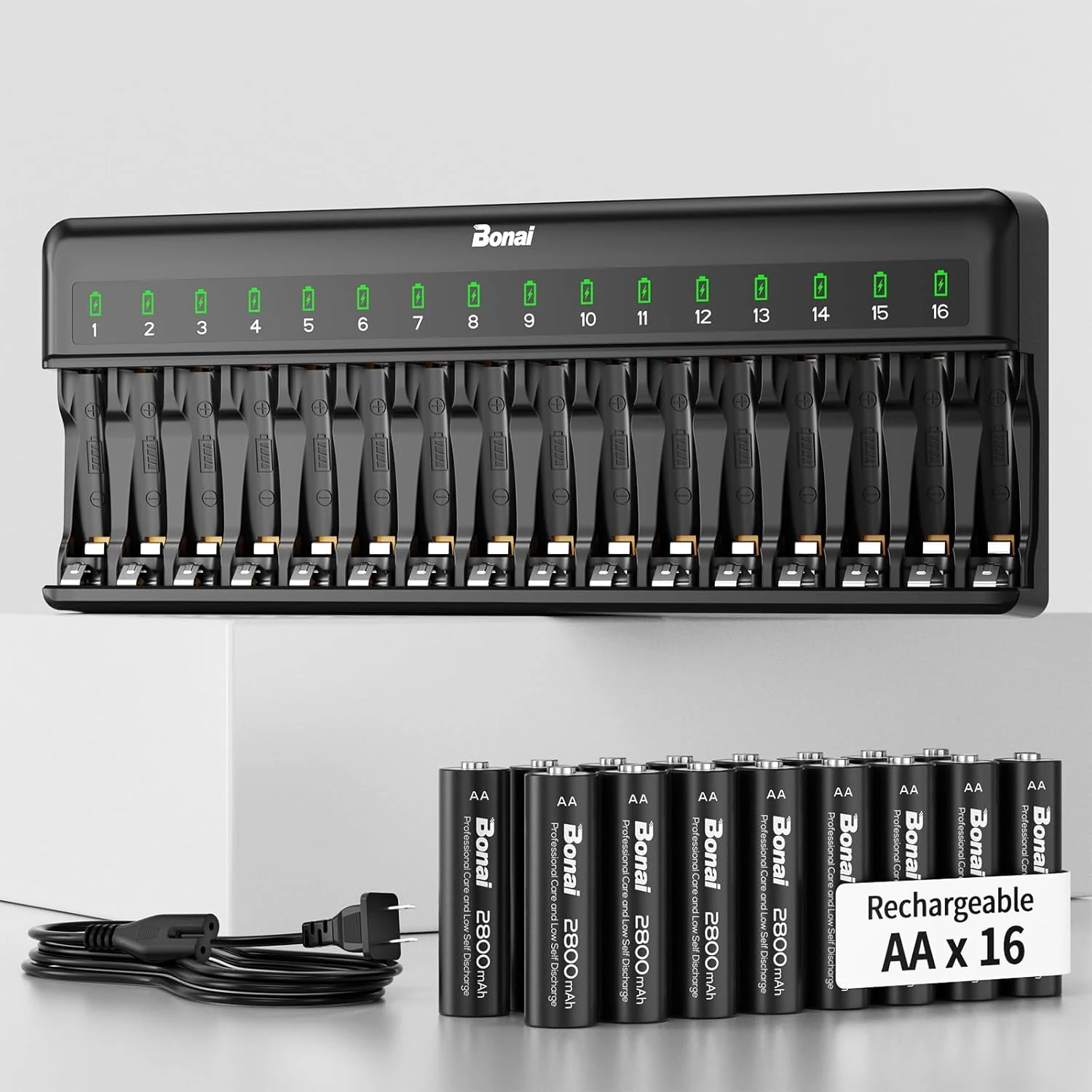 Bonai Rechargeable AA Batteries with Charger, 2800mAh High Capacity Pre-Charged (16 Pack)