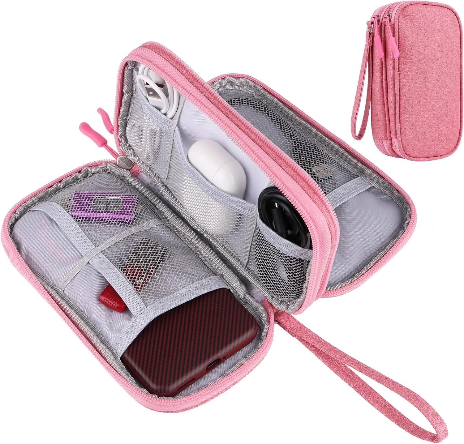 JIAKAI Travel Cable Organizer, Electronics Accessories Organizer Bag, for Charger, Phone, memory card (Pink)