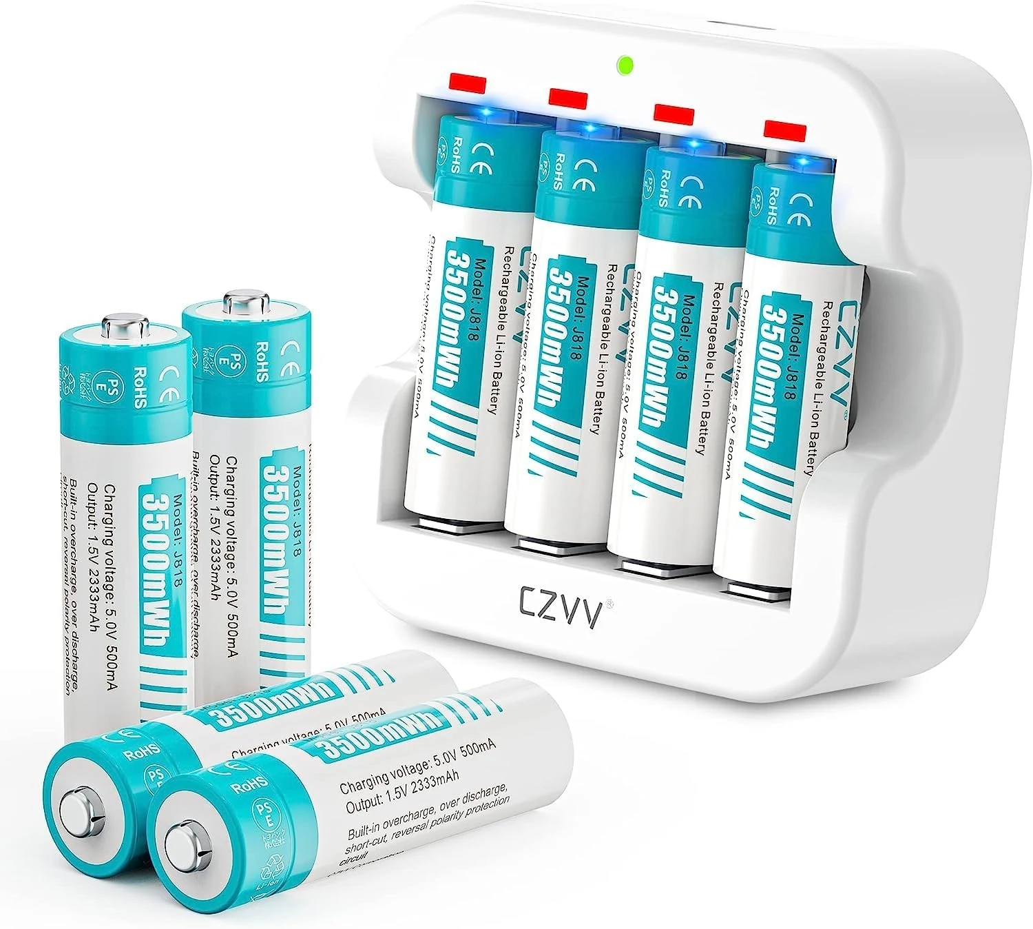 Rechargeable AA 1.5V Lithium Batteries 8-Pack, Full-Recharged Long-Lasting 3500mWh High-Capacity 2300+mAh Dual A with Fast Charger Combo for High-Tech Devices, Blink Cameras