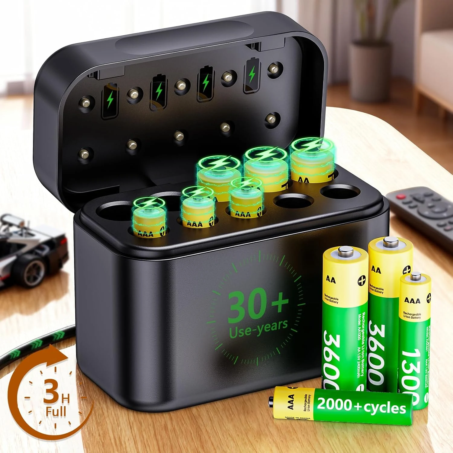 30-Year Power Solution Rechargeable Batteries with Charger: 5 AA & 5 AAA Low Self-Discharge Lithium Battery