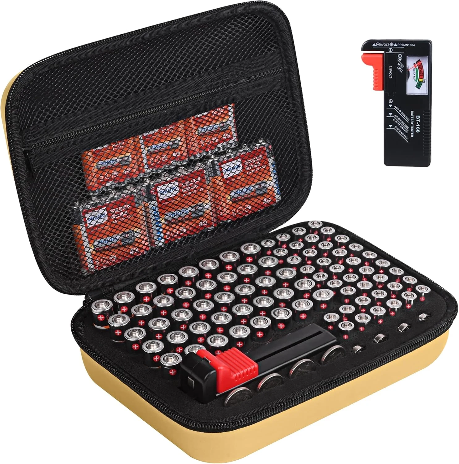 Battery Organizer Storage Case with Tester for AA AAA Button Battery Holder Carrying 3 Batteries Variety Pack 88 Batteries Zipper Mesh Bag (Batteries Not Included) (Gold)