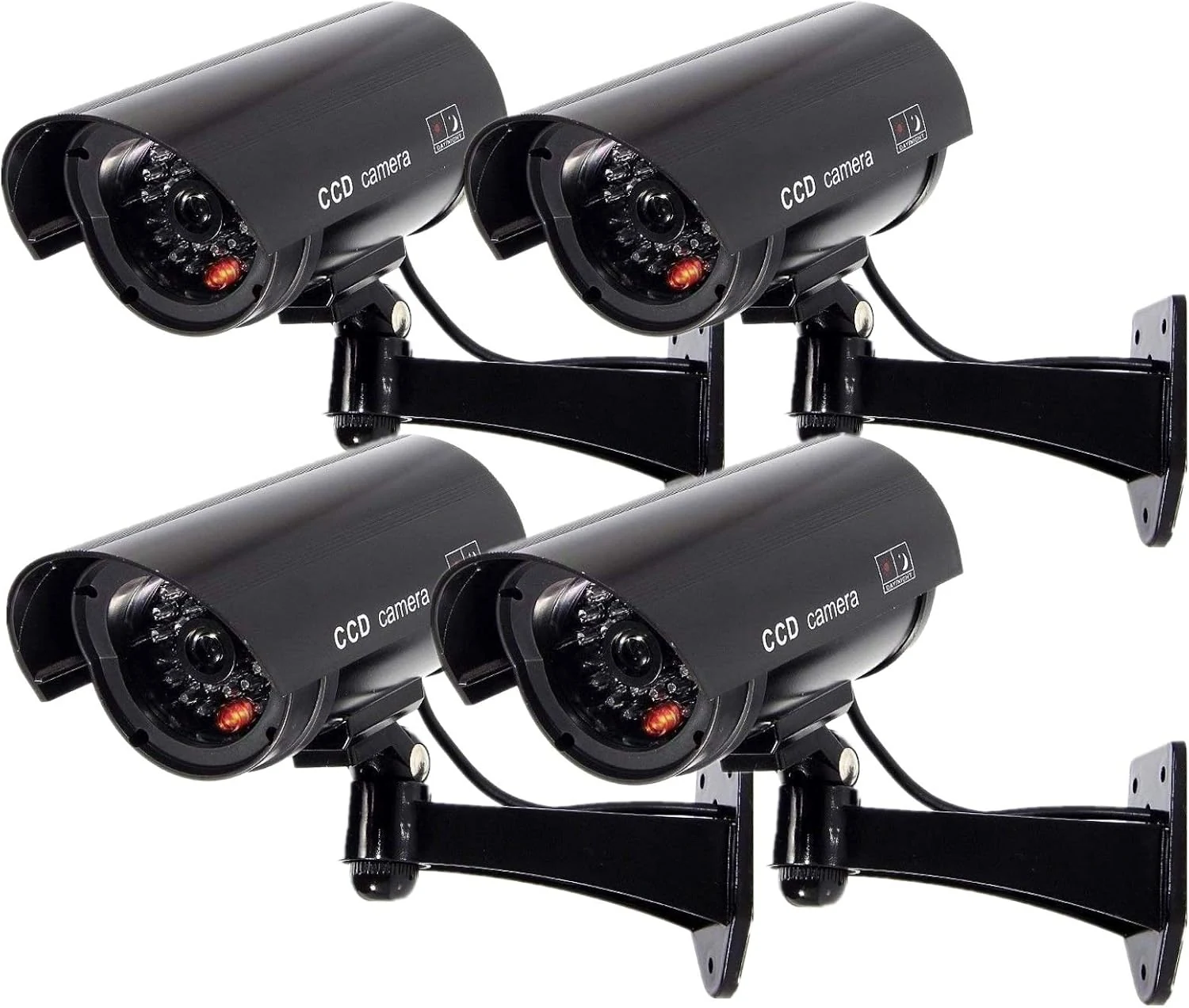 F FINDERS&CO Outdoor Fake Security Camera, Dummy CCTV Surveillance System with Realistic Red Flashing Lights and Warning Sticker (4, Black)