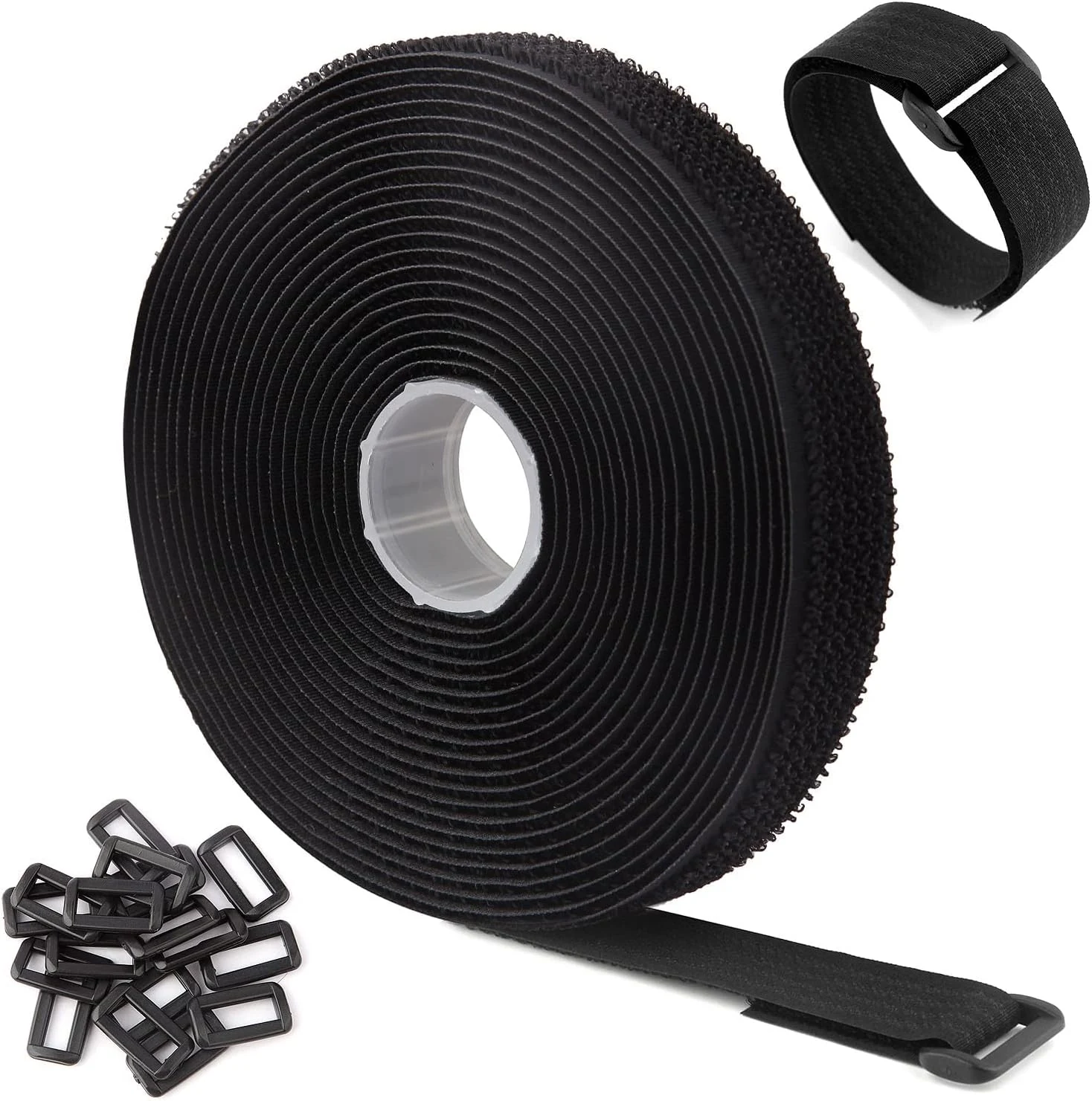 16Ft x 1In Adjustable Cable Straps with 25 Buckles, Free Cut Length, Black Reusable Fastening Cable Ties, Hook and Loop Securing Strap for Cable Tidy, Wire Management, Cord Organiser, Black