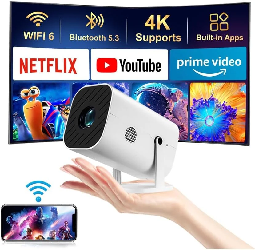 YGSKK mini projector with built-in apps, electric focusing, and 210° rotation