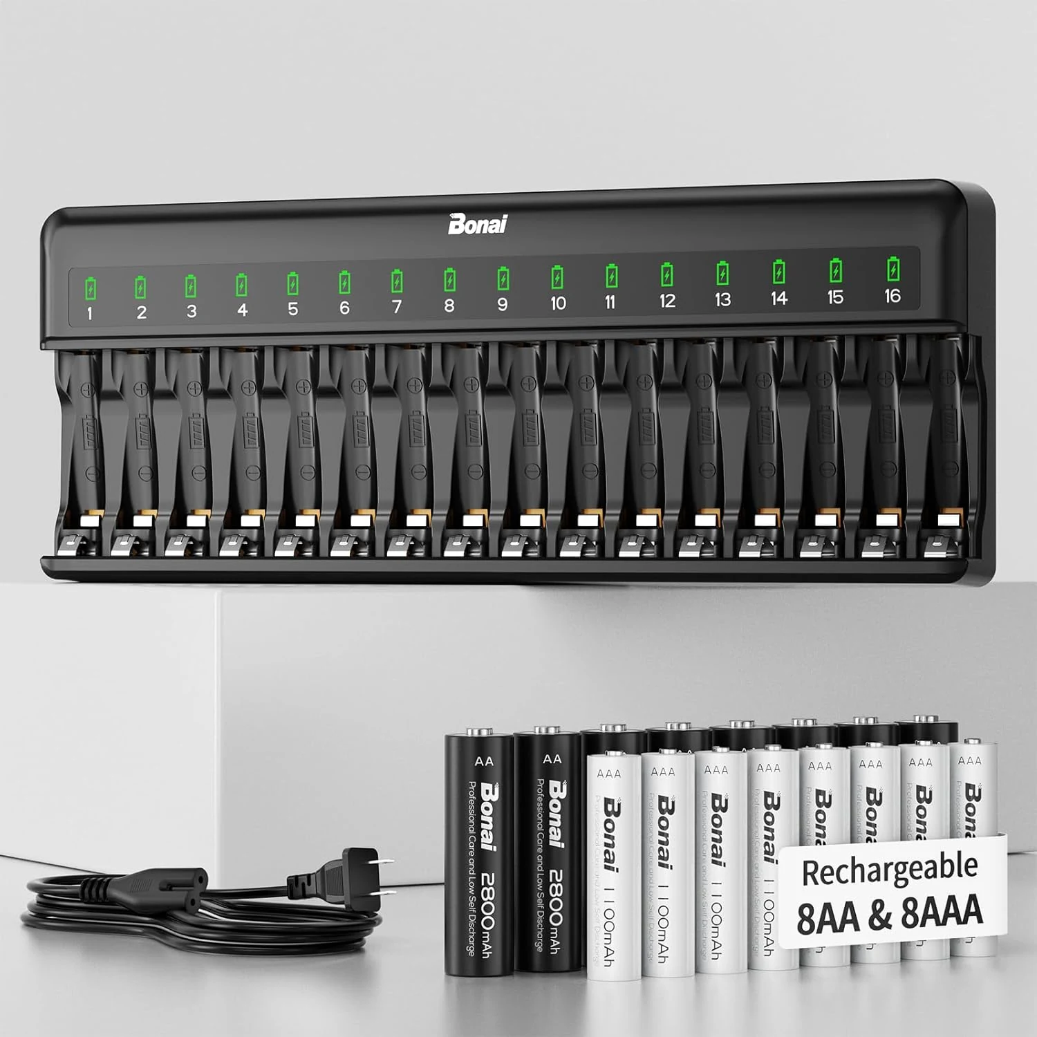 Bonai Rechargeable AA and AAA Batteries with Charger, 8 x