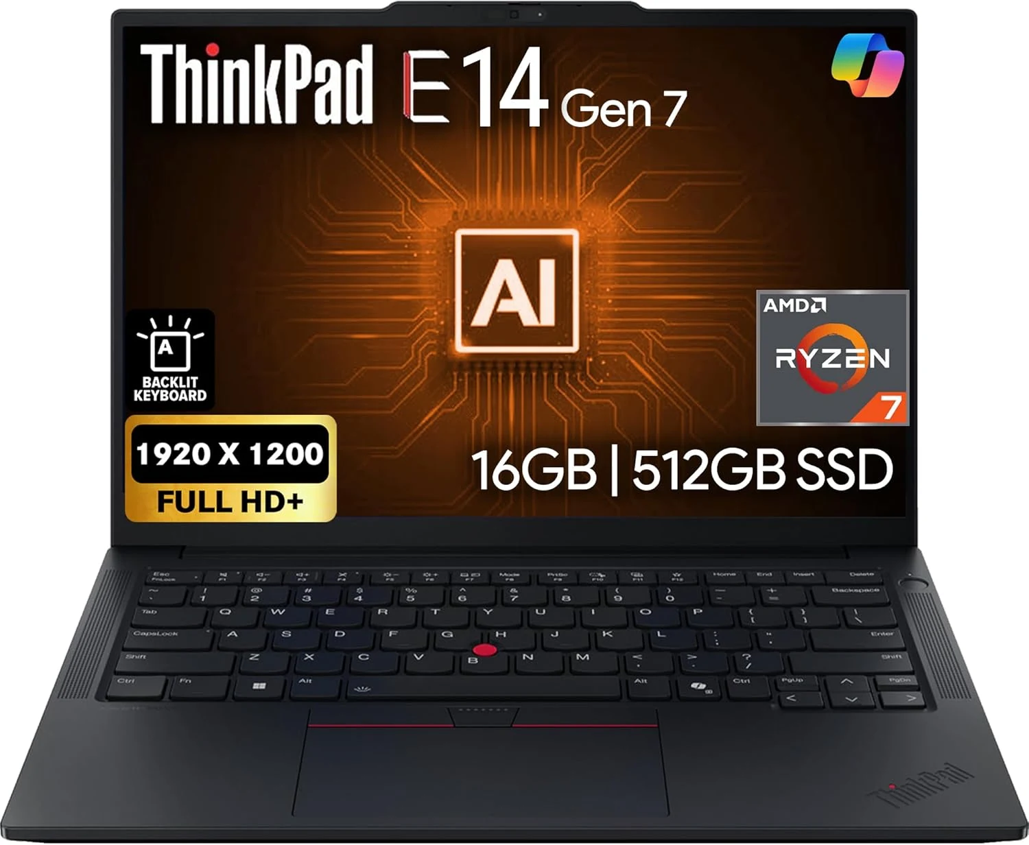 Lenovo ThinkPad E14 Gen 7 14" FHD+ Display, AMD Ryzen 7 250 (Beats Core 7 240H), 16GB DDR5 RAM, 512GB SSD PCIe, Backlit KB, WiFi 6E + BT, RJ-45, FHD Webcam, Windows 11 Pro