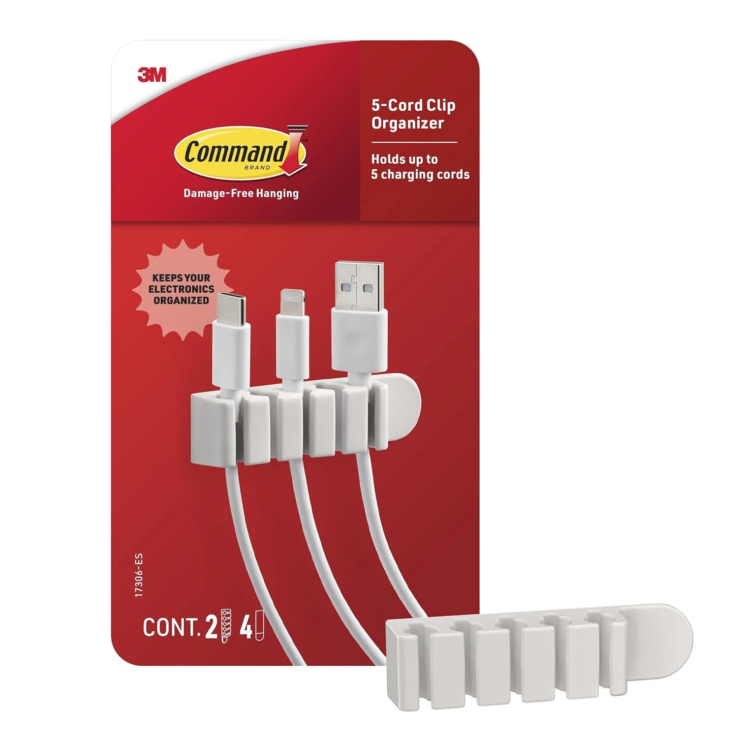 Command 5-Cord Clip Organizer, 4 Clips and 8 Medium Strips, White
