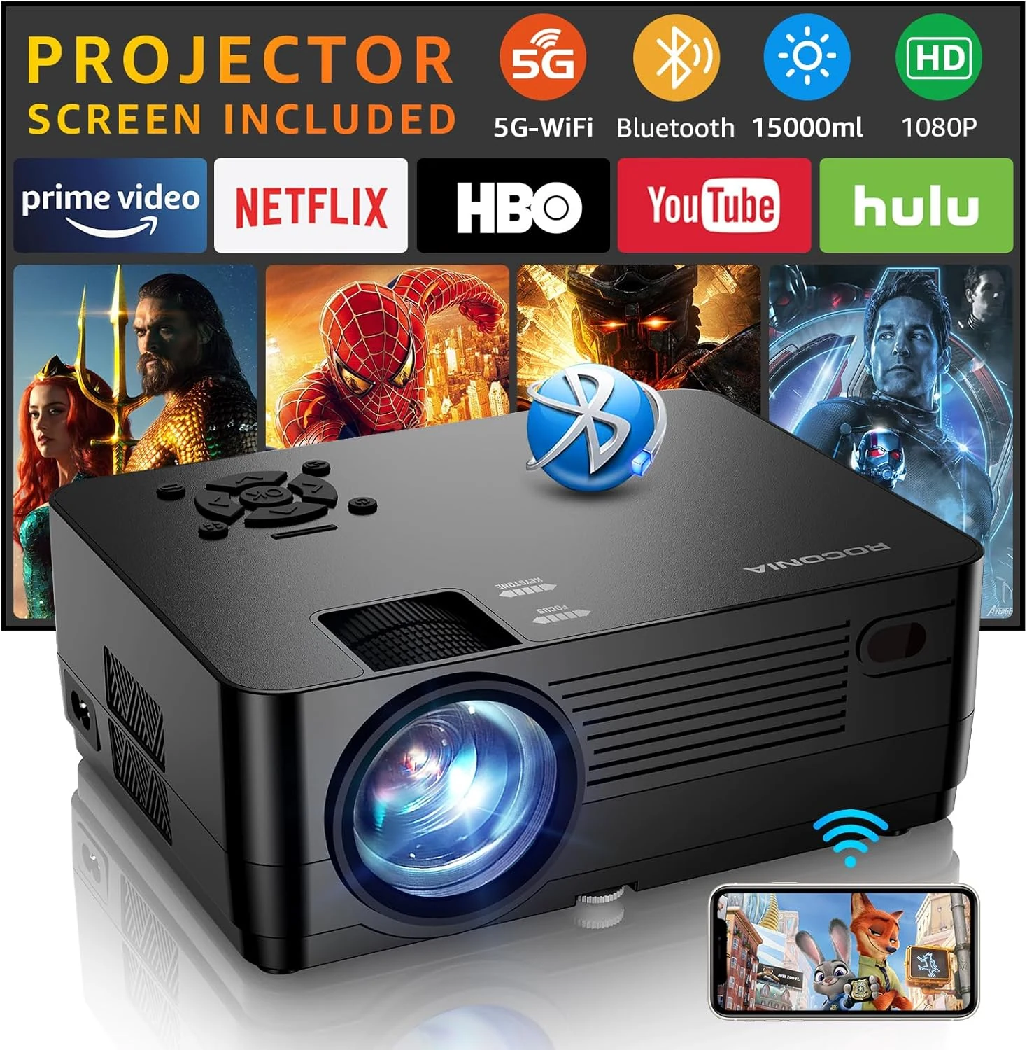 Roconia 5G WiFi & Bluetooth Native 1080P Projector (Q6)