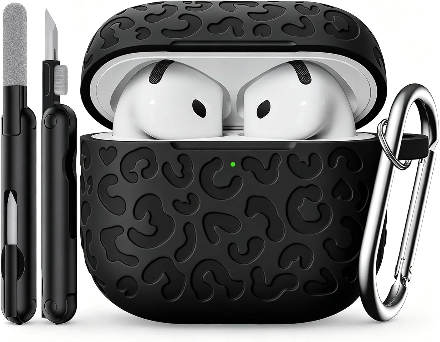Leopard Carving for AirPods 4 Case,Pattern Design Cute Soft Silicone Protective Cover for Man/Women/Girly-with Keychain&Cleaning Kit(Black，for AirPods 4 2024)