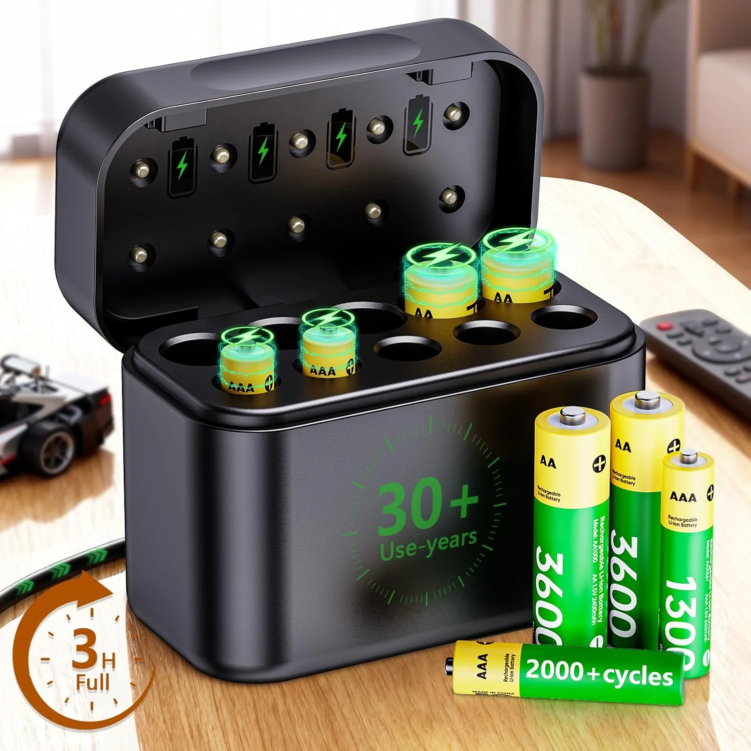 pemacom Up to 300% Longer Runtime Rechargeable Batteries with Charger (4 AA + 4 AAA, 1.5V Lithium)