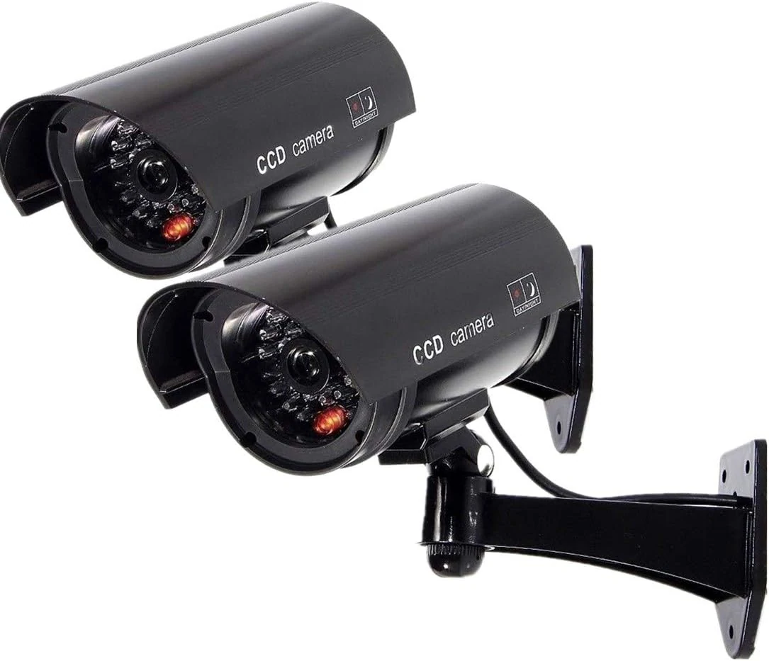 F FINDERS&CO Fake Security Camera, Dummy CCTV Surveillance System with Realistic Red Flashing Lights and Warning Sticker Indoor Outdoor (2,Black)