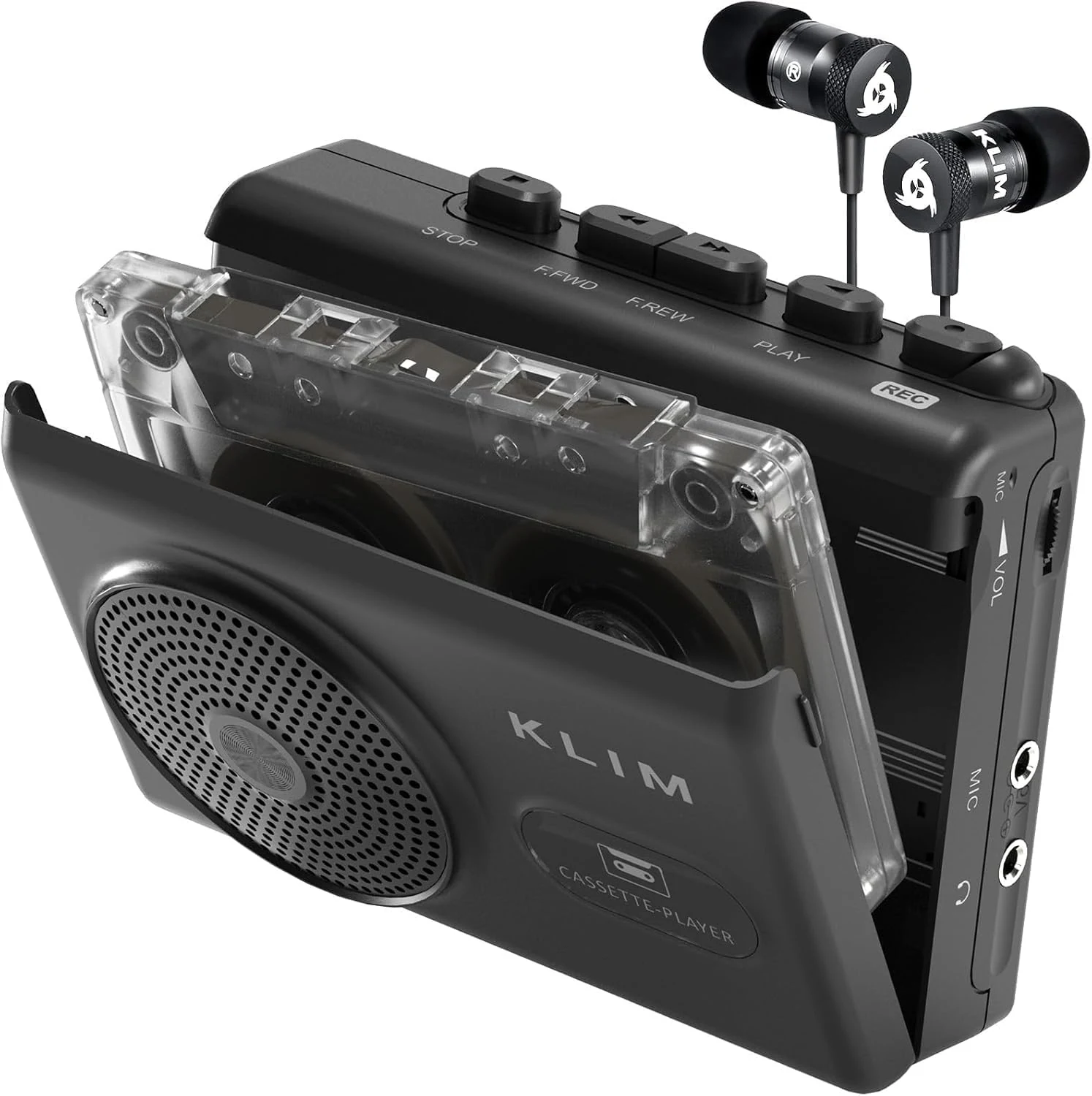 KLIM K9 Cassette Tape Player – Portable Cassette Player & Tape Recorder with Built-in Speaker & Microphone, Headphone Jack, AA Batteries (Included)/AC Powered, Includes Earphones - Black