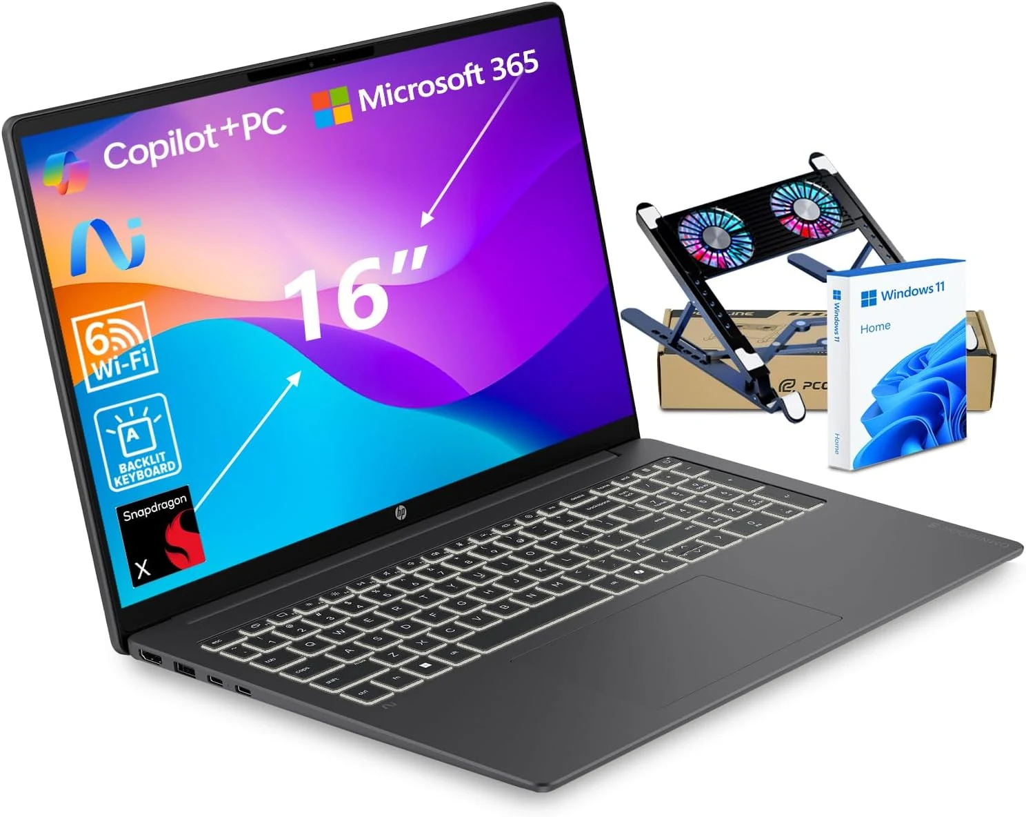 HP OmniBook 3 16" 2K New Model Laptop w/Microsoft 365, Qualcomm 8-Core CPU for Copilot+, 16GB RAM, 512GB SSD, Backlit & Numeric Keyboard, Windows 11 Home, w/Laptop Cooler, Mica Black (16-bz0010wm)