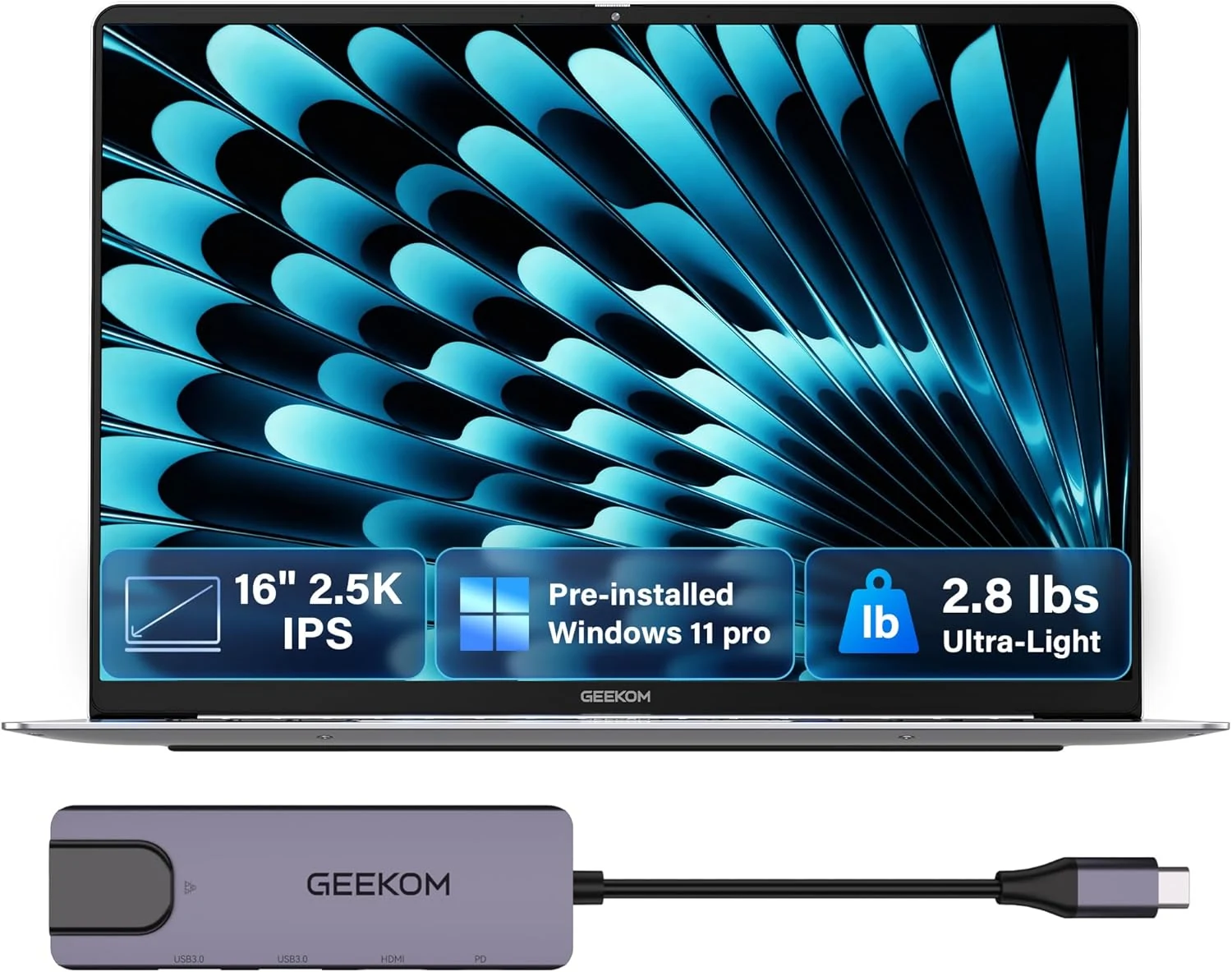 GEEKOM GeekBook X16 Pro 2.8 lbs Laptop, 16" IPS 2.5K 16:10 Laptop Computer, Ultra 9 185H, 32GB LPDDR5x 7500MHz RAM 2TB SSD, Up to 17 Hour, USB4, Fingerprint, Dual Fan, Copilot, Windows 11 Pro