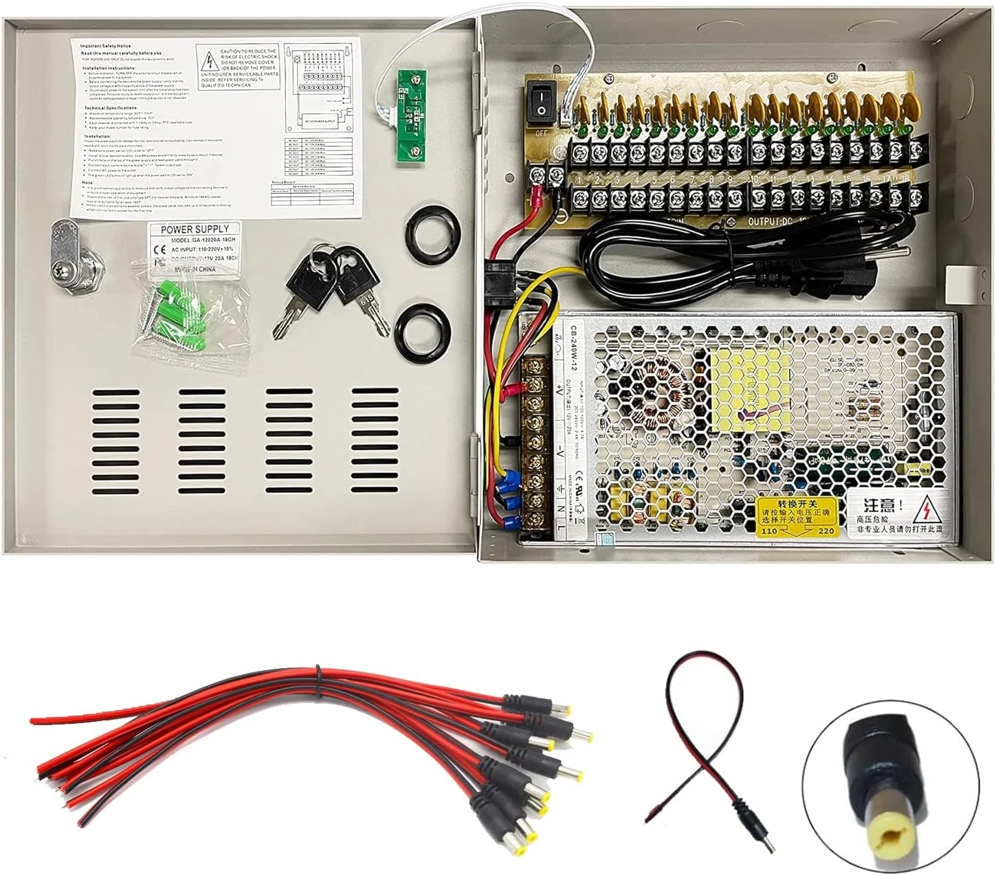 Real HD 18 Port 20 Amp High Power Security CCTV Camera Access Control Power Distribution Box (12V DC, PTC Protected)
