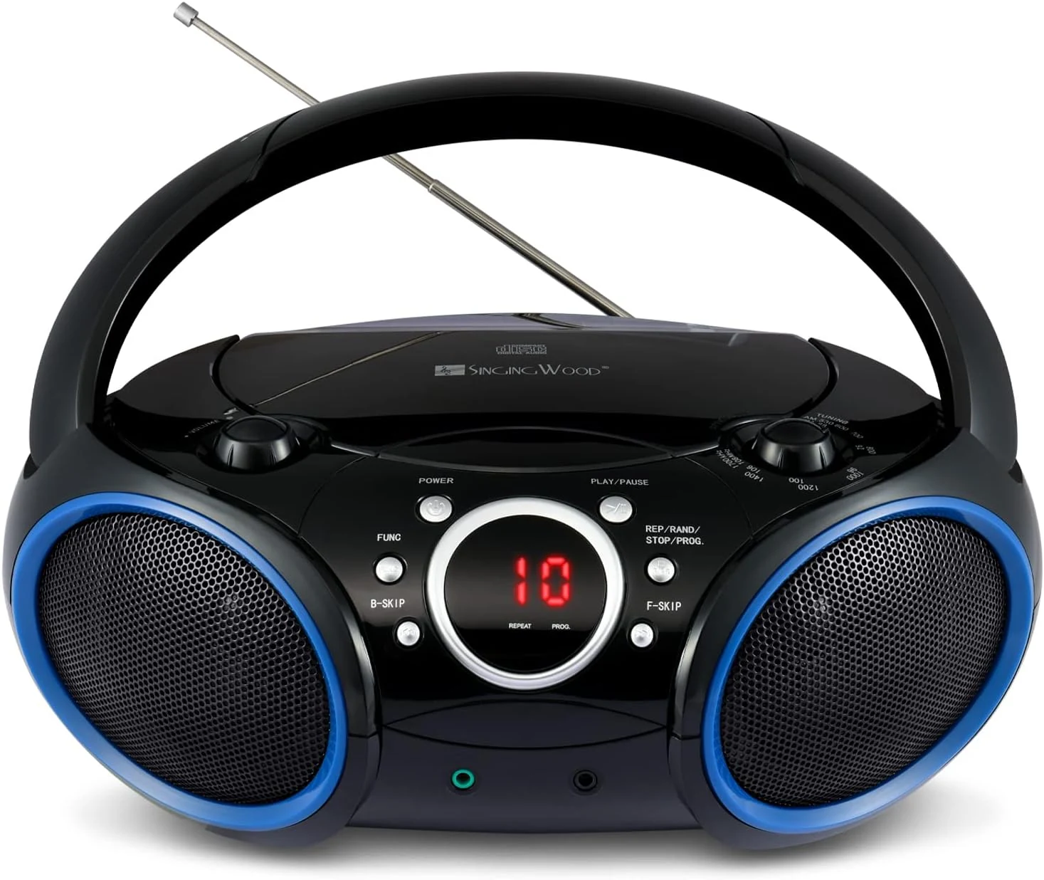 SINGING WOOD SBX030C Portable CD Player Boombox with AM/FM Stereo Radio, Aux Line-in, Headphone Jack, Top-Loading Disc Player, AC or Battery Powered, Foldable Handle (Black with Blue Rims)