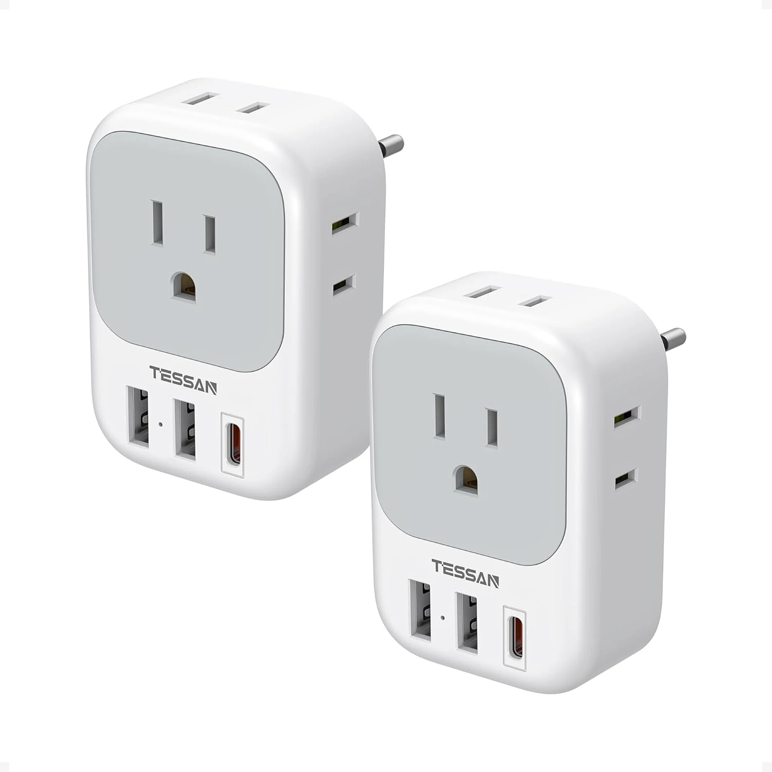 2 Pack European Travel Plug Adapter, TESSAN Europe Power Converter 4 Outlets 3 USB(1 USB C PD 20W)