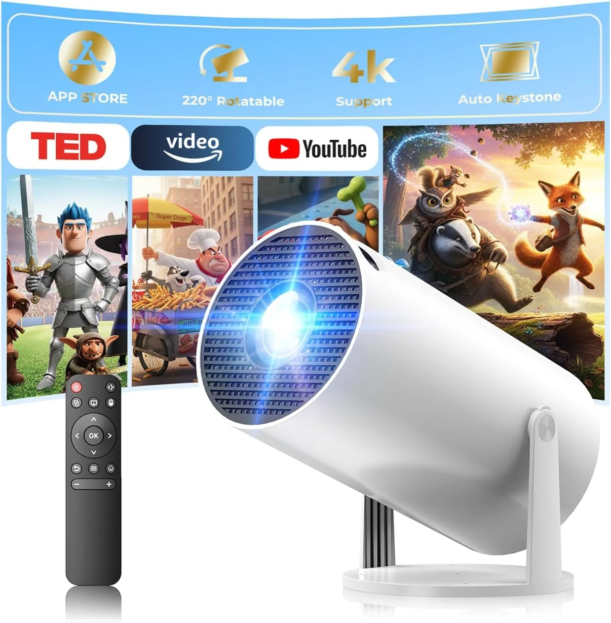 CAMWORLD mini projector with WiFi and Bluetooth (portable, built-in apps, 220° rotatable)
