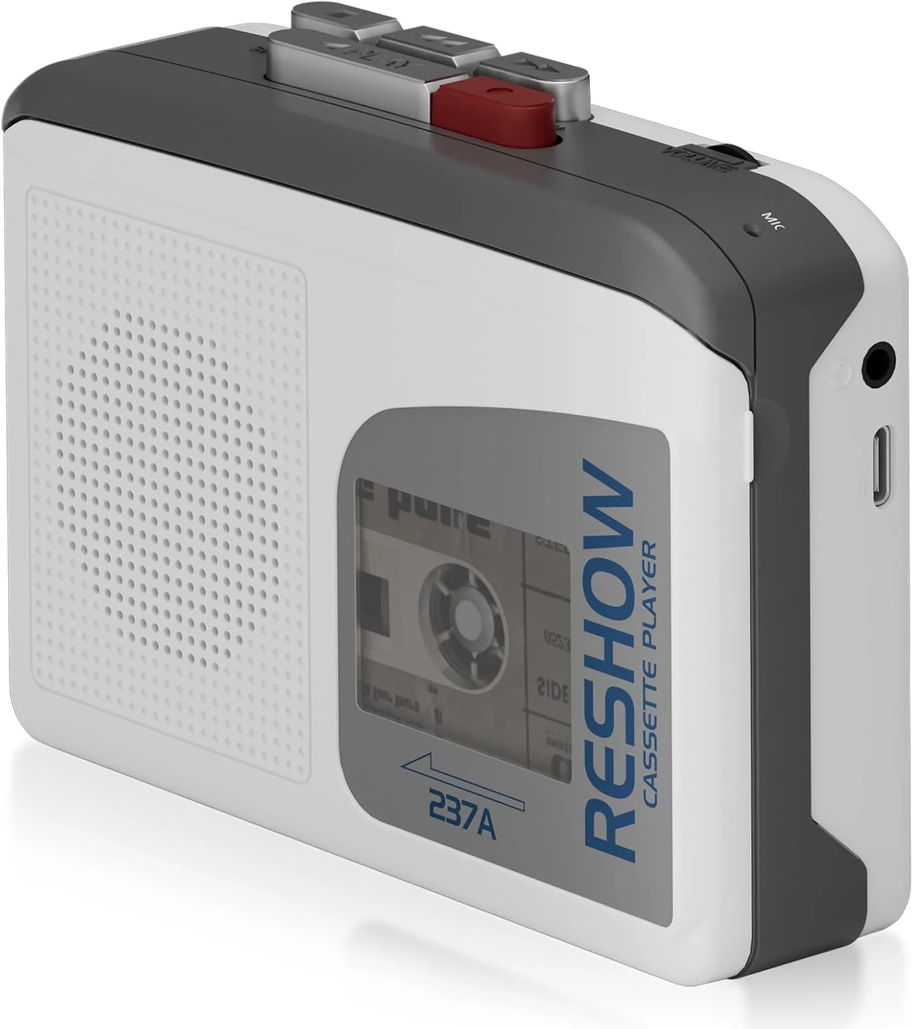 Reshow Portable Cassette Player with Built-in Speaker, Tape Recorder for Music Playback & Voice Recording (Grey White)