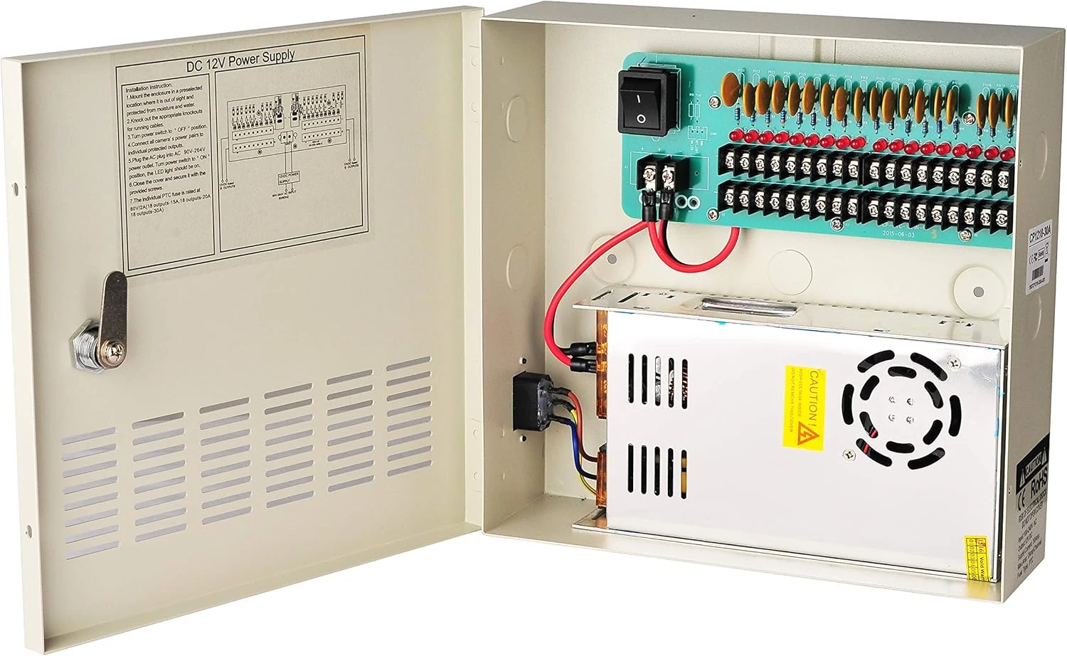 EVERSECU 18 Channel DC12V 30 Amp Reset Fuse CCTV DC Distributed Power Box with AC Plug and Lock for Security Cameras, DVRs, CCTV Power Supply