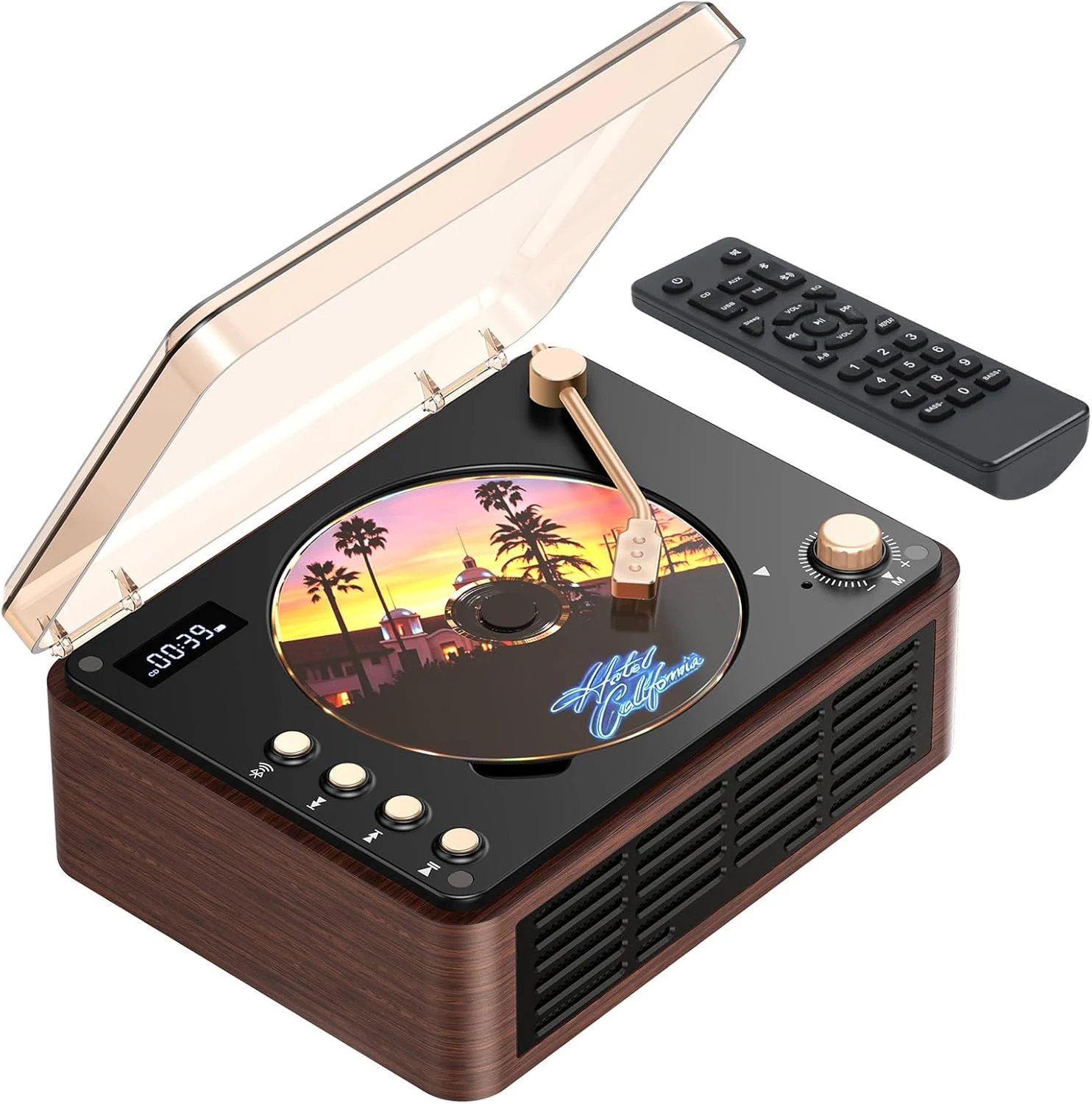 CD Player with Speaker, Retro Portable CD Players for Home with Bluetooth, Hi-Fi Bass Boost, 3600mAh Battery, LCD Screen, Top-Loading Design, USB/AUX Input/FM Radio - Walnut Brown