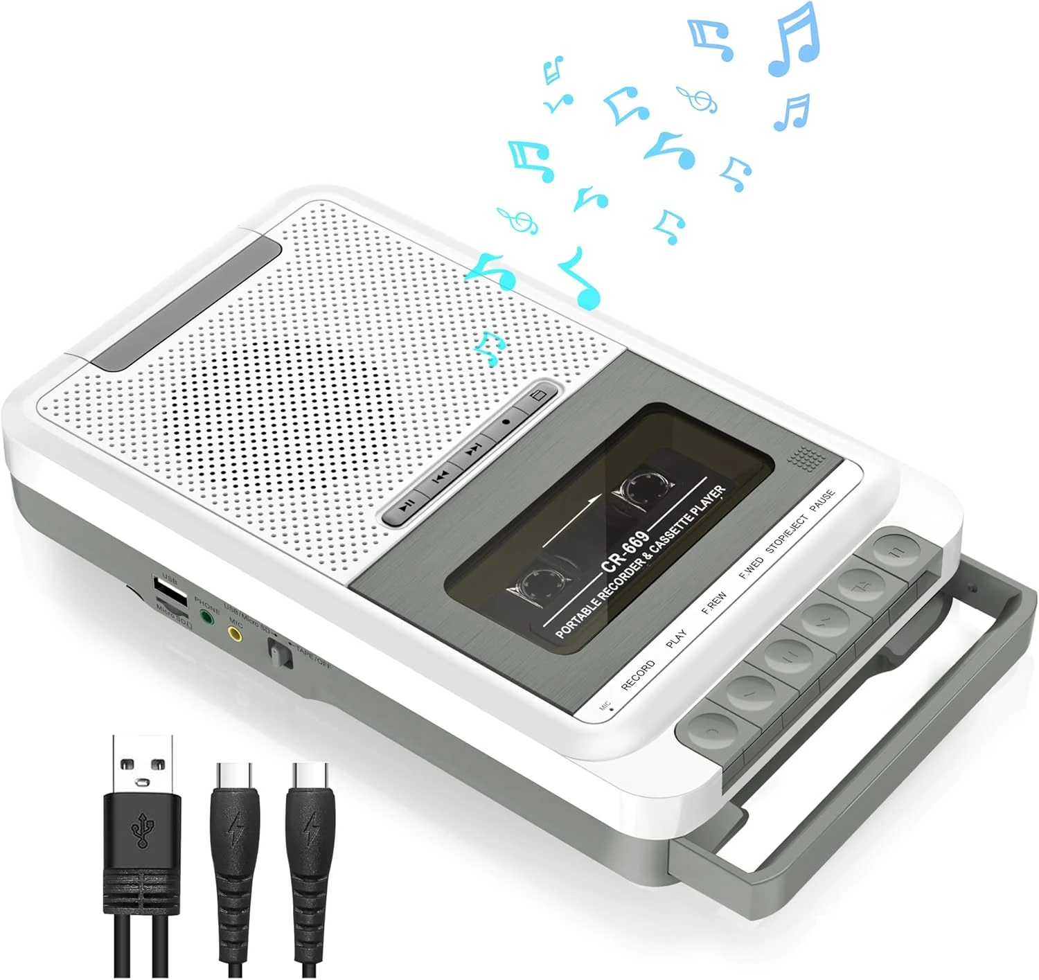 Cassette Player Recorder Converter,Record to Cassettes/USB/SD Card via Mic, Portable Cassette to MP3 Music via U Disk/SD Card or PC, Cassette Tape Player with Headphone Jack,Retractable Handle (White)
