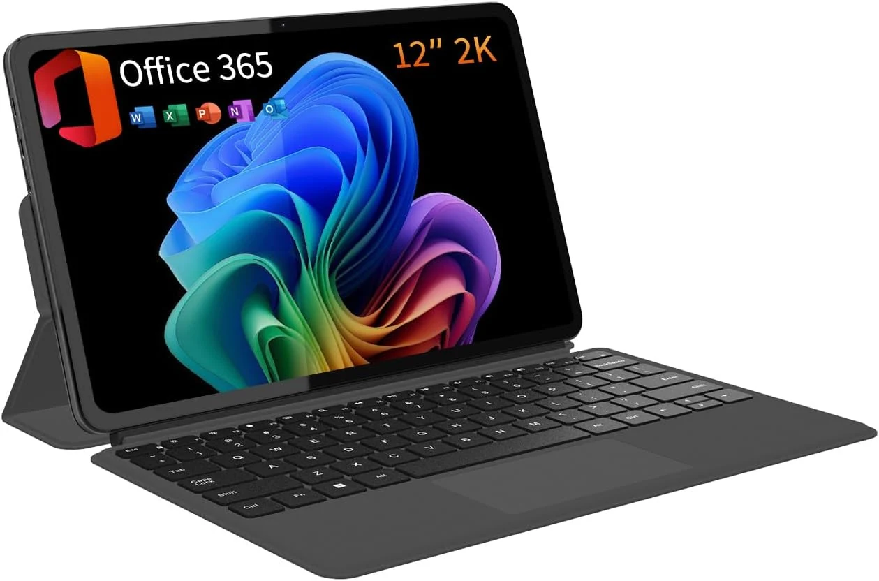 2-in-1 Laptop Tablet 2026 with Magnetic Keyboard & 1-Year Office 365, 12" 2K FHD IPS Touchscreen, 12GB RAM 512GB SSD, 6500Y Processor, USB-C, Dual Speakers, Windows 11 Laptop for Home Office Students