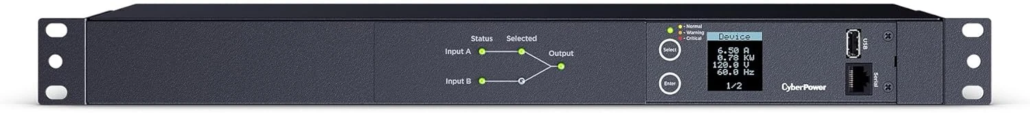 CyberPower PDU24001 Metered ATS PDU, 100-120V, 15A (Derated to 12A), 10 Outlets, 1U Rackmount