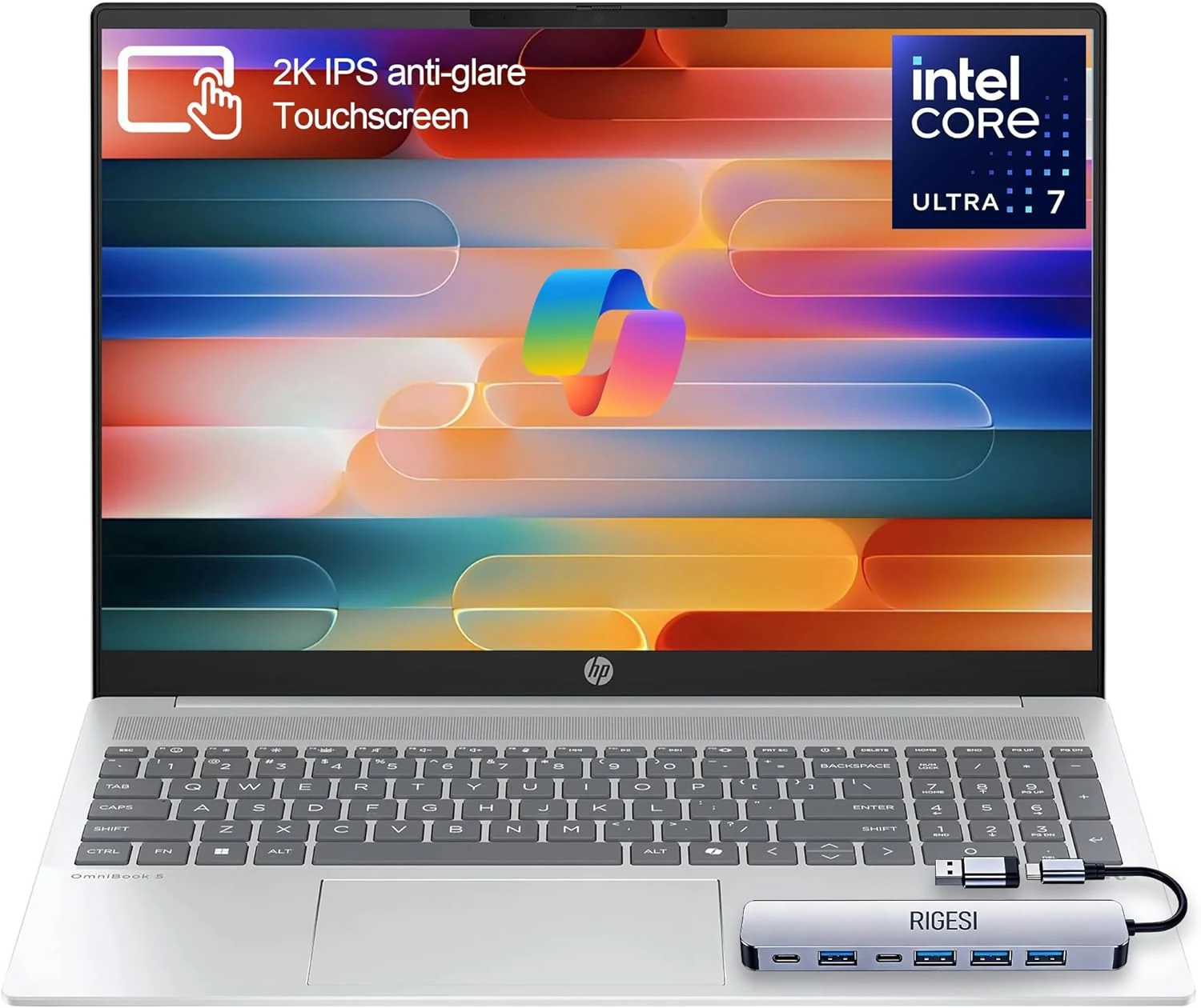 HP OmniBook 5 16” Touchscreen AI Laptop – Intel Core Ultra 7 Processor, 16GB RAM, 1TB SSD, Windows 11, Copilot AI, Wi-Fi 6E, Backlit Keyboard, Silver