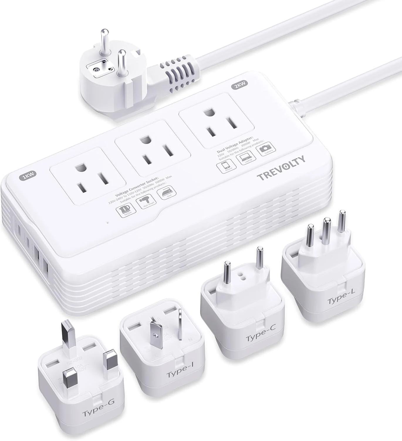 2000W Voltage Converter US to Europe for Hair Dryer, 220V to 110V Converter for European Travel Plug Adapter with 3 AC 2 USBC 2 USBA Ports, Travel Essential with EU UK IT AU Plug (White)