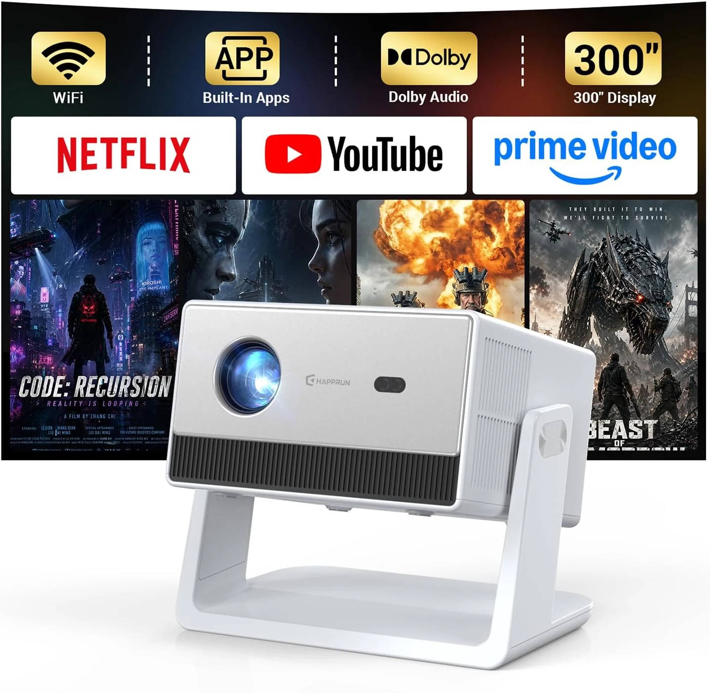 HAPPRUN KC7 1500 ANSI Smart Projector (WiFi 6, Bluetooth 5.2, Built-in Apps)