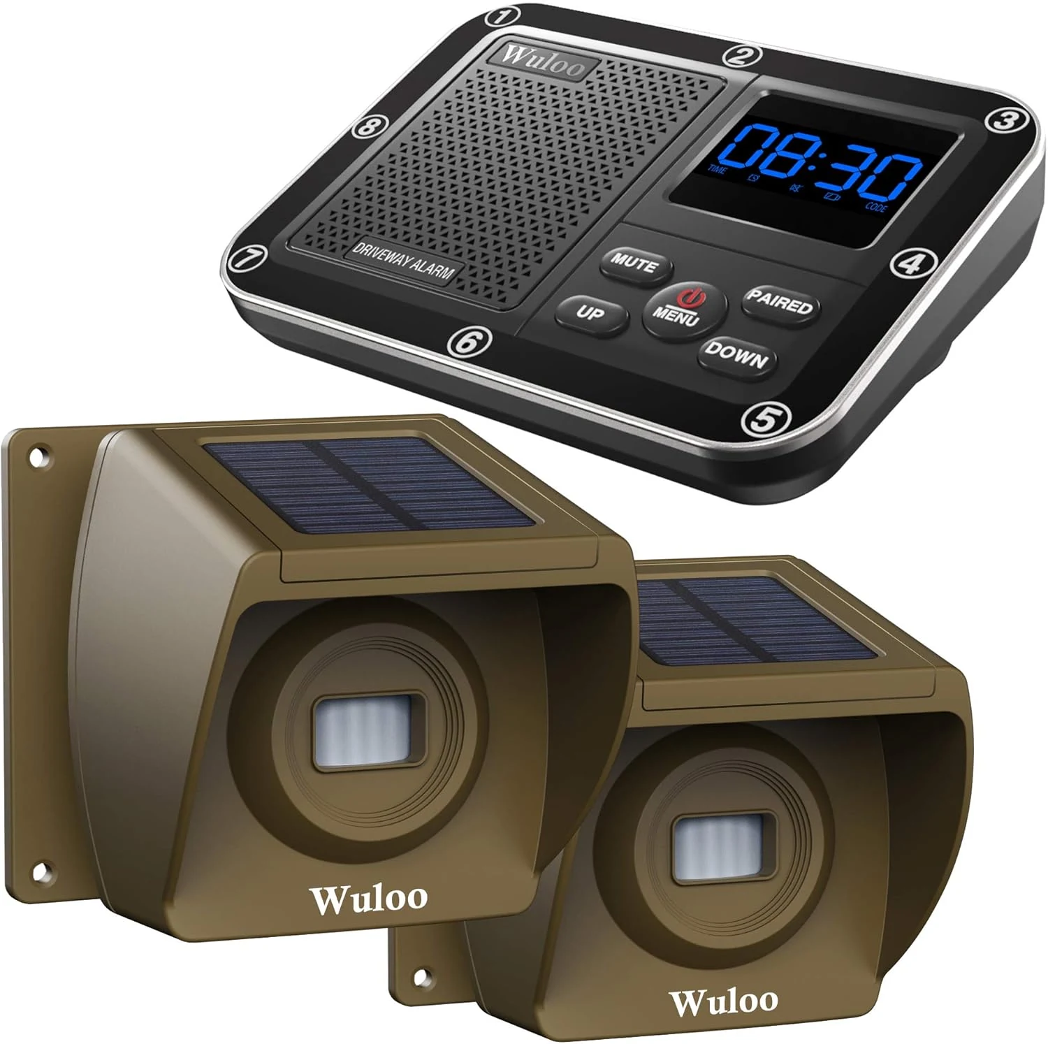 Solar Driveway Alarm Wireless Outside 1800ft Range, Outdoor Motion Sensor & Detector Driveway Alert System with Rechargeable Battery/Weatherproof/Mute Mode (1&2-Brown)