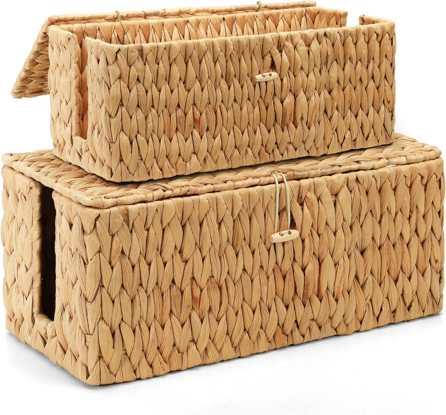 Posprica Cable Management Box with Lid, 2Pack Handwoven Real Water Hyacinth Cord Hider Organizer Boxes