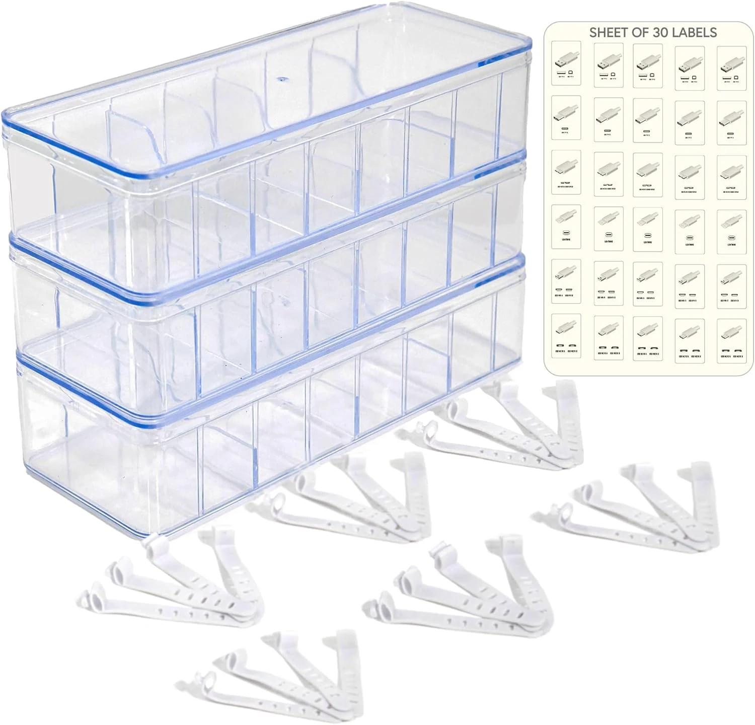 Set of 3 Cable Organizer Box W/Labels - Charger Box, Stackable W/Lids-Cord Organizer Junk Drawer- Cord Storage Box for Desk