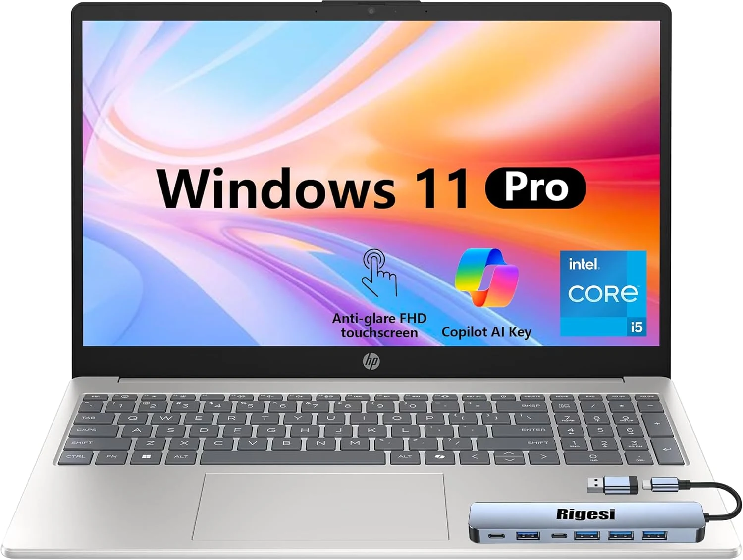 HP 15.6" FHD Touch Laptop, Intel i5, 32GB RAM, 1TB SSD, Windows 11 Pro, Wi-Fi 6, Flagship Business Laptop Bundle with Docking Station – Natural Silver