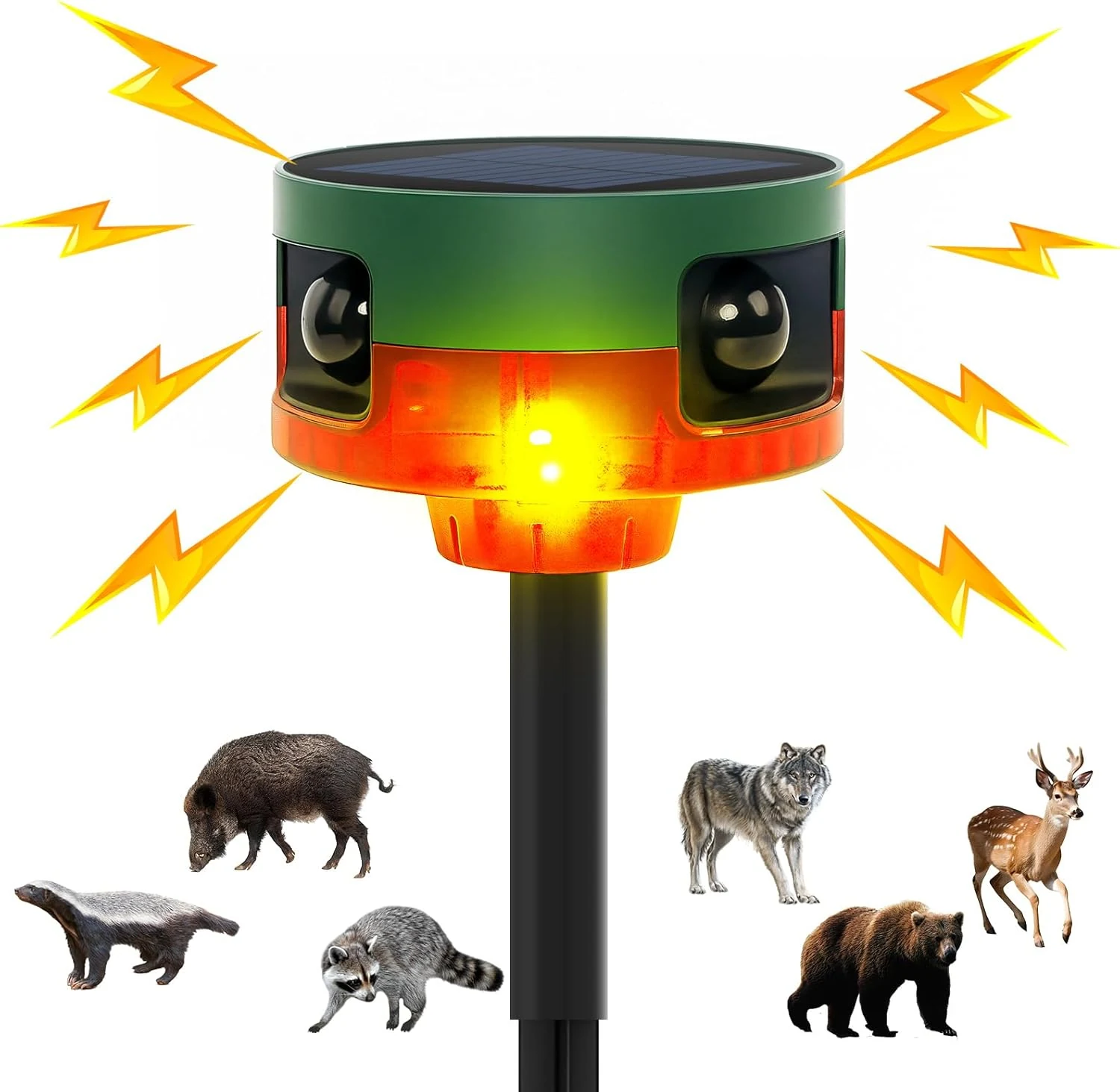 OUDAER solar outdoor motion sensor alarm (130dB dog barking & gunshot), 13 sounds with strobe and recording