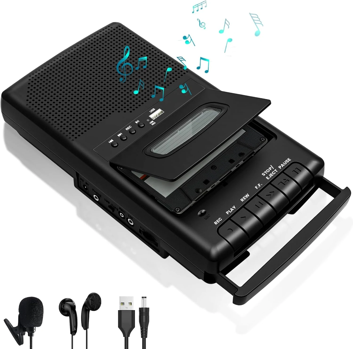 Portable Cassette Player and Recorder Converter, Convert Cassette to Digital & Save to USB Drive, Audio Tape Recorder with Retractable Handle, Independent Microphone, Built-in Speaker
