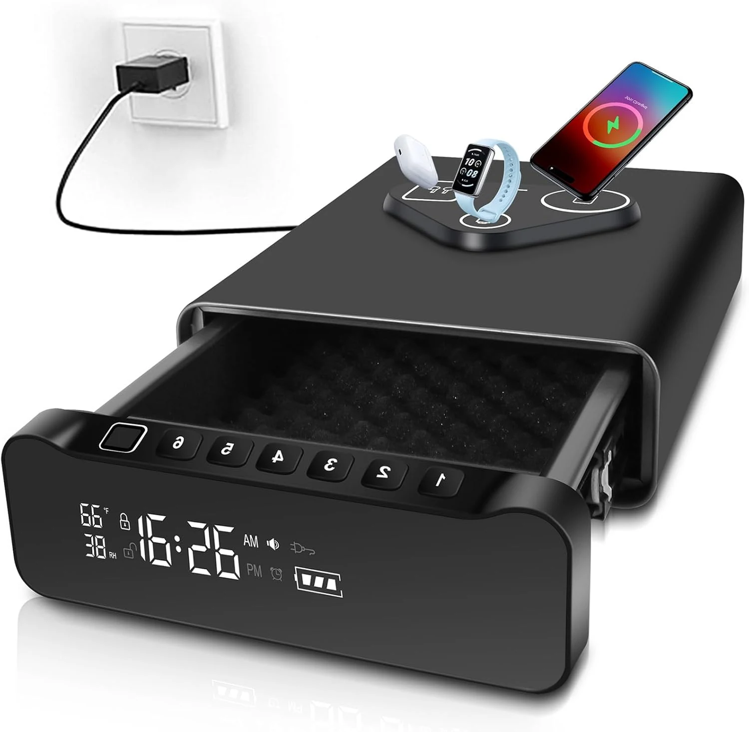 FTOP Biometric Fingerprint Gun Safe, Clock Handgun Safe with 3-in-1 Watch & Phone Wireless Charging