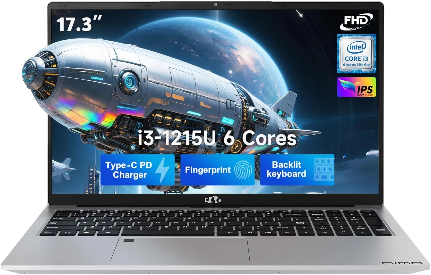 NIMO 17.3" IPS FHD Laptop, Intel 6 Cores i3-1215U, 16GB RAM, 1TB SSD