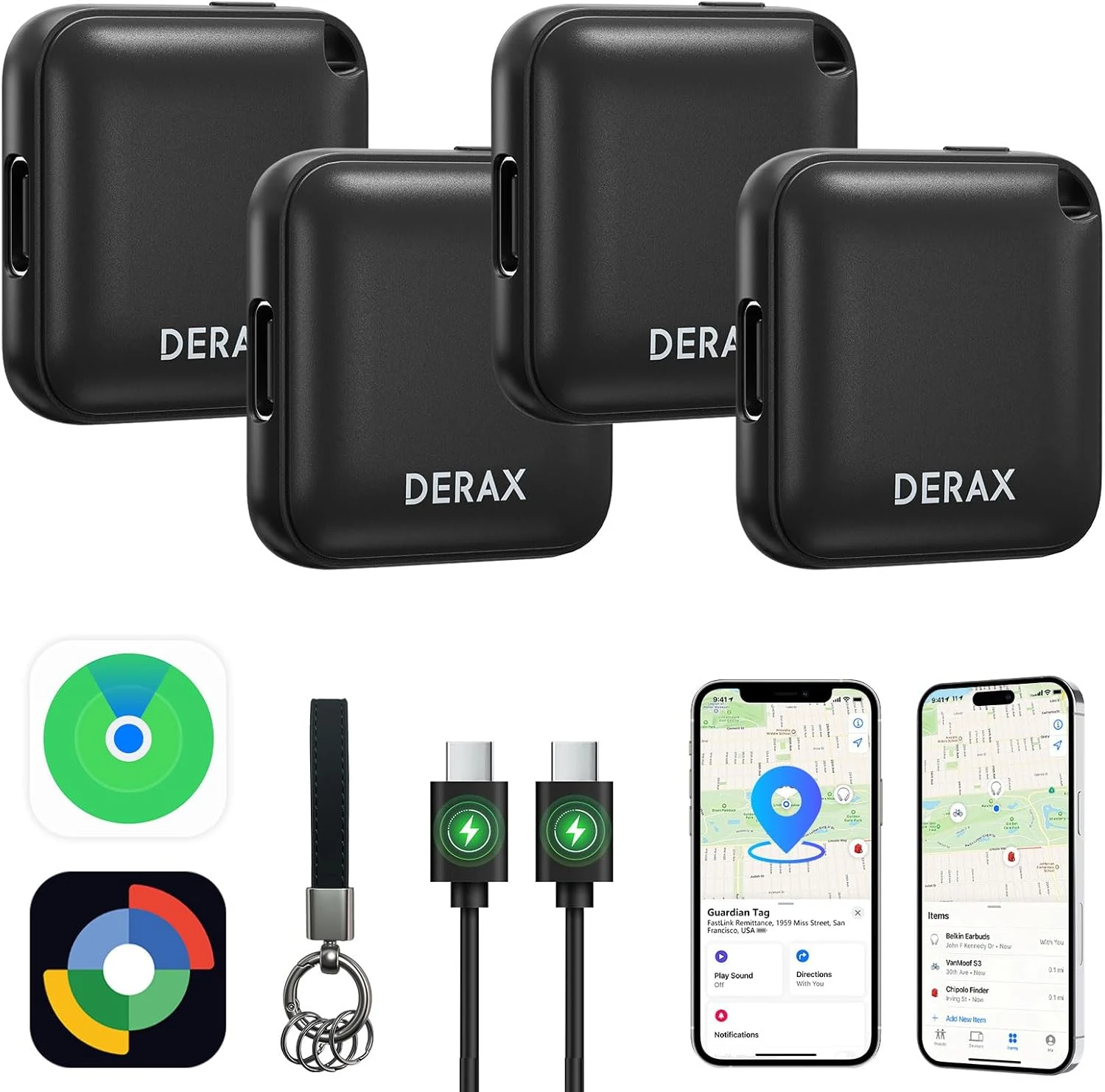 DERAX Bluetooth Tracker (iOS and Android) 4 Pack, Rechargeable Tracker review