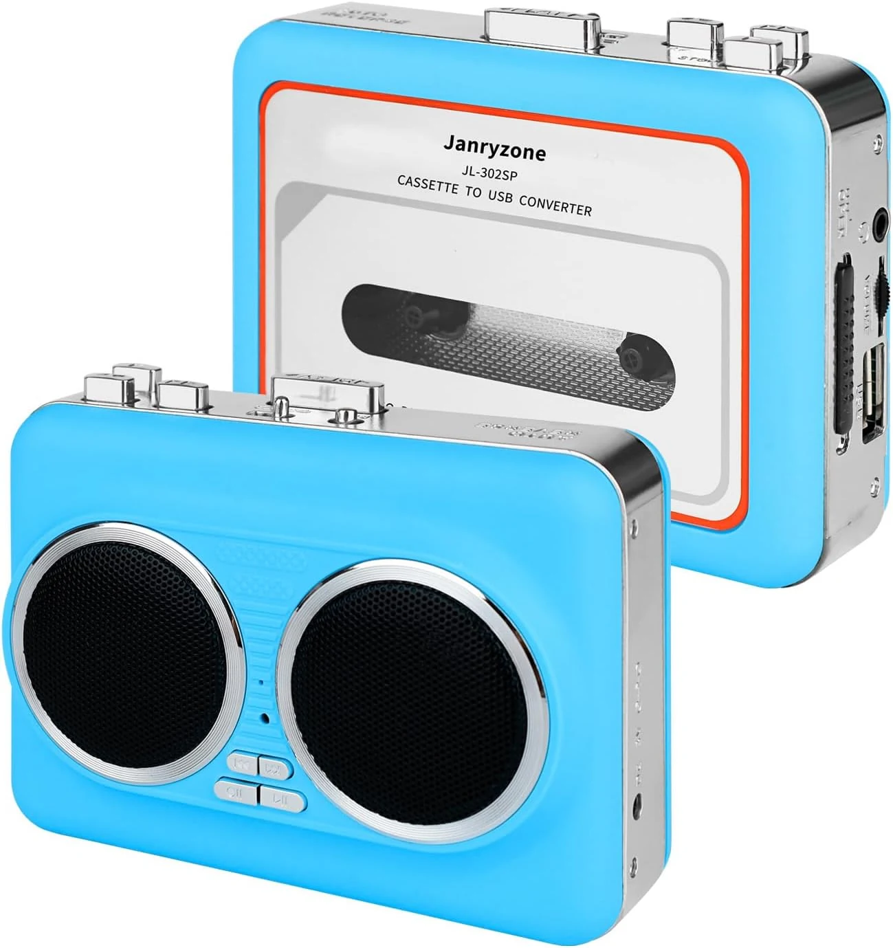 Janryzone Portable Cassette to USB Converter (Auto-Reverse, Dual Speakers, 3.5mm)