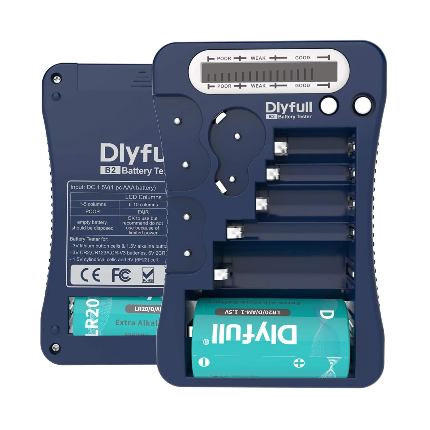 DLYFULL Universal Battery Tester (LCD) for AA/AAA/C/D, 9V, CR123A and Button Cells