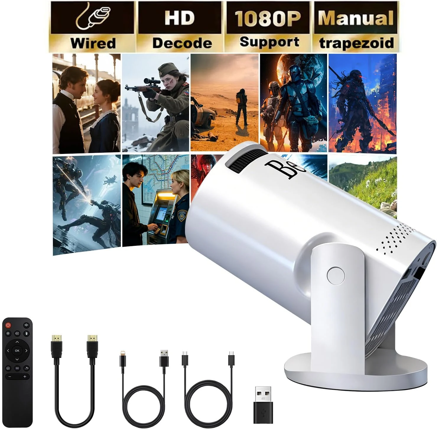 BESUS Mini projector with wired screen sync (180° swivel) for 17–130 inch images