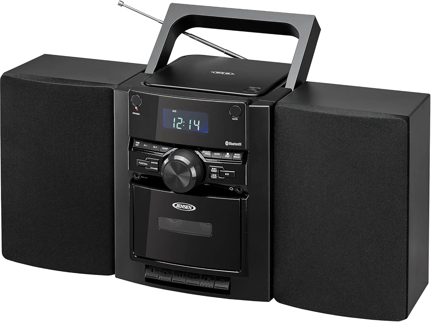 JENSEN 10-Watt Portable Bluetooth Home Stereo System with Detachable Speakers, CD/Cassette Players, AM/FM Radio, Alarm Clock, and Remote (CD-785)