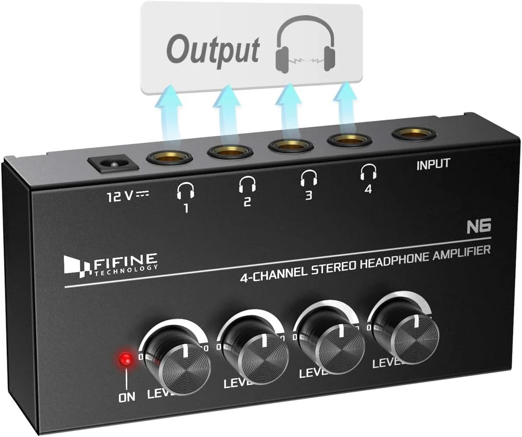 FIFINE Headphone Amplifier 4 Channels Metal Stereo Audio Amplifier, Mini Earphone Splitter (N6)
