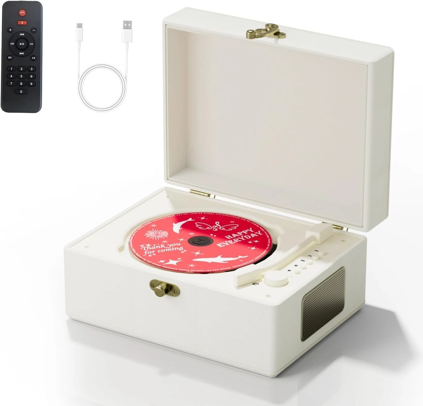 Yintiny Rechargeable Leather CD Player with Speakers, Bluetooth Transmitter, Festival Gift, White