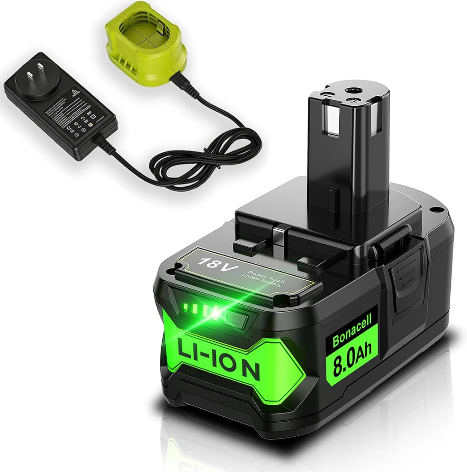 Bonacell 8000mAh Replacement for Ryobi 18V Lithium Battery and Charger