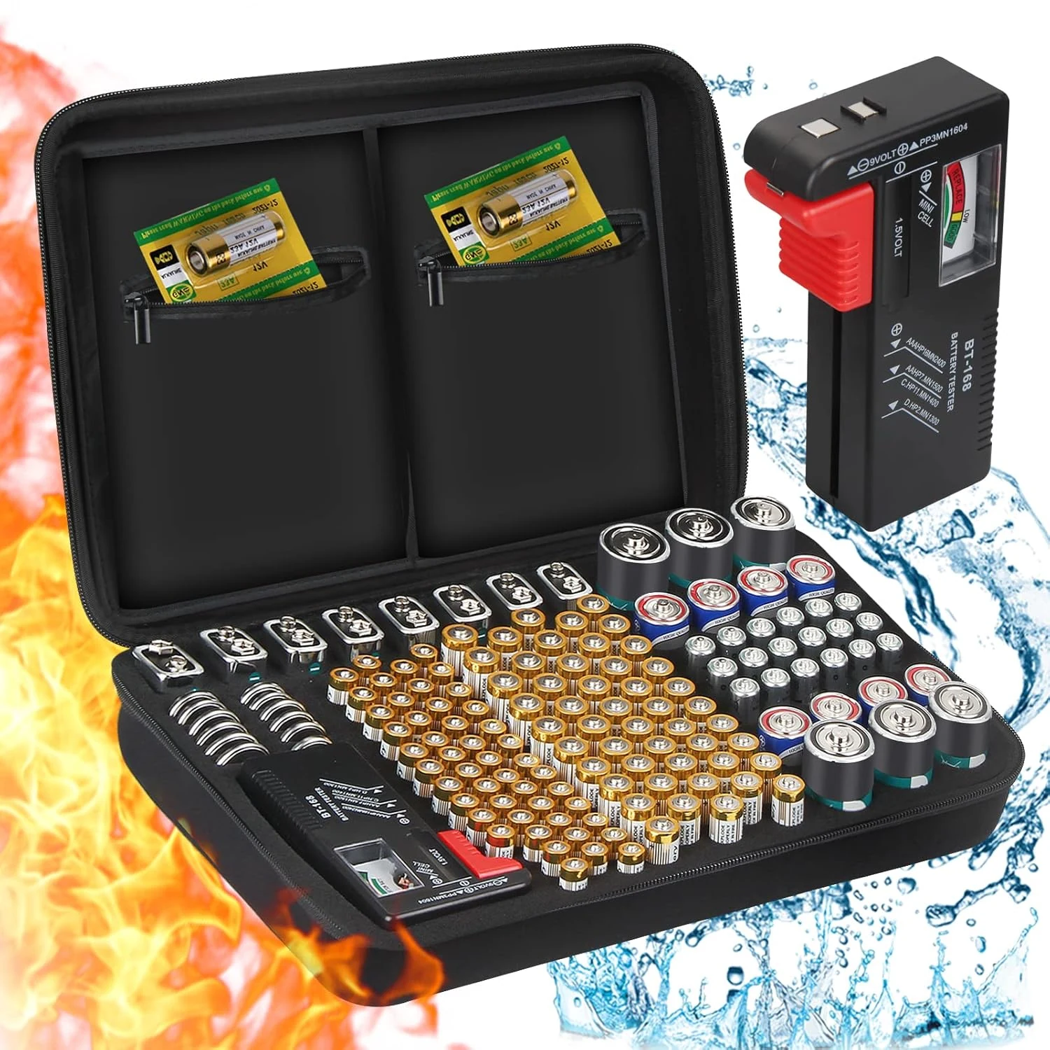 Battery Storage Box Hard Case Holds 148 Batteries (AA, AAA, C, D, 9V), Waterproof Fireproof Battery Organizer with Tester